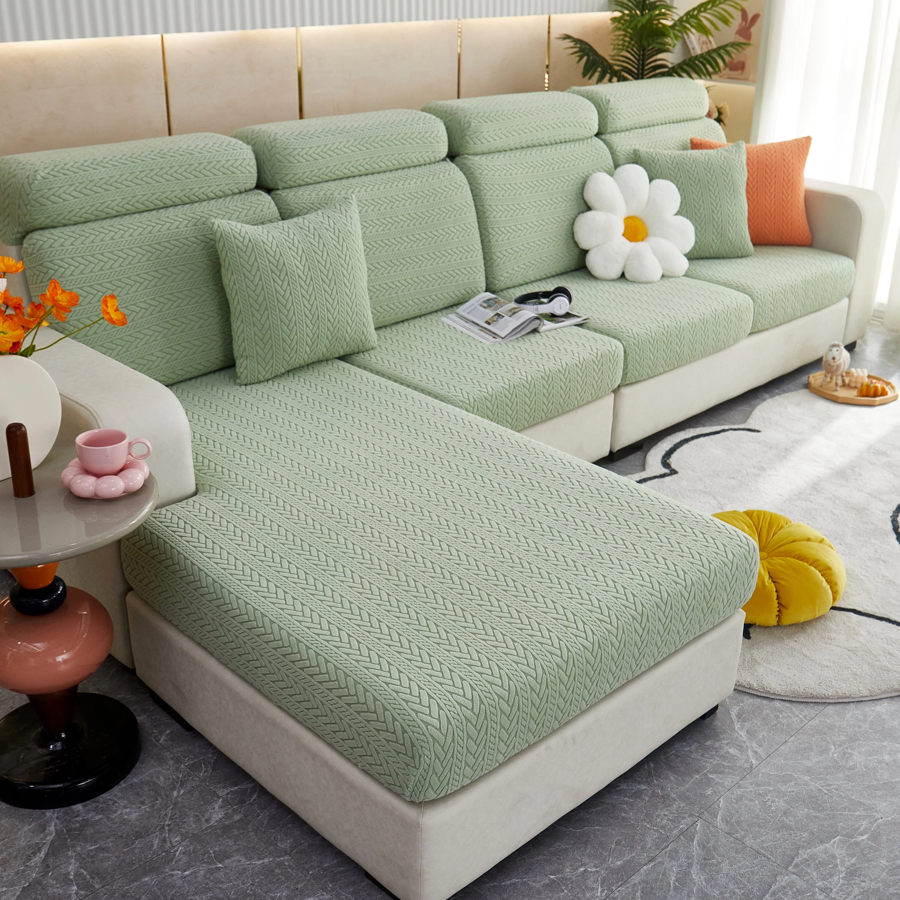 Stretchable Jacquard Polar Fleece Sofa Cover Non-Slip Furniture Protector for Pets L-Shaped Couch Slipcovers - Image 12