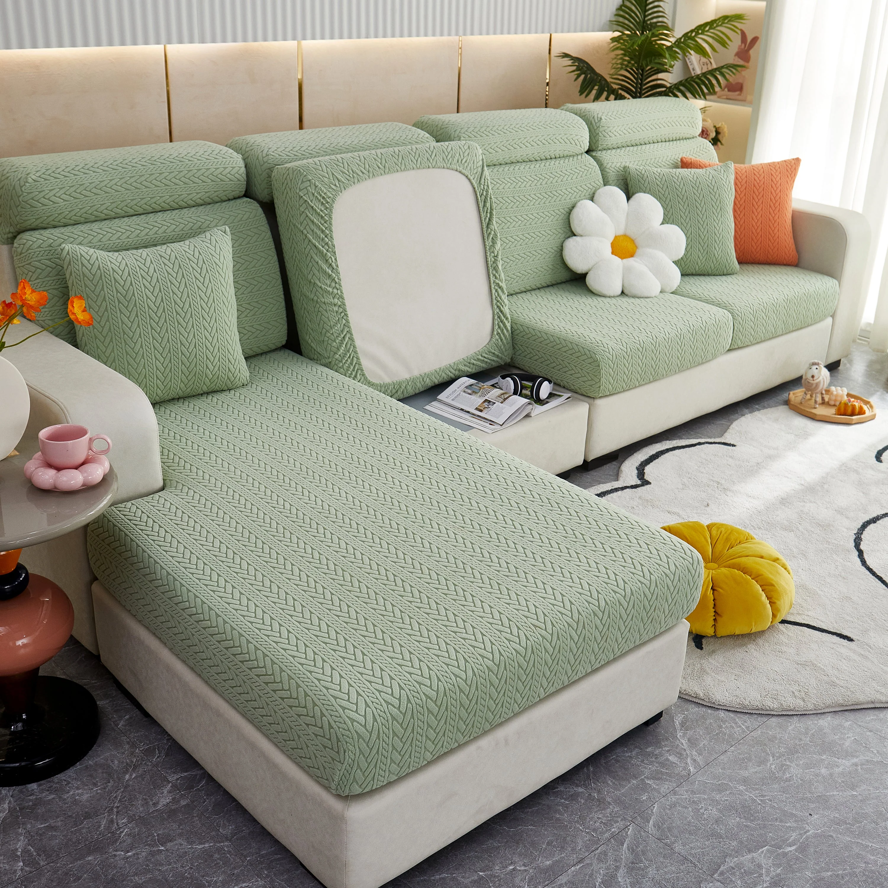 Stretchable Jacquard Polar Fleece Sofa Cover Non-Slip Furniture Protector for Pets L-Shaped Couch Slipcovers - Image 13