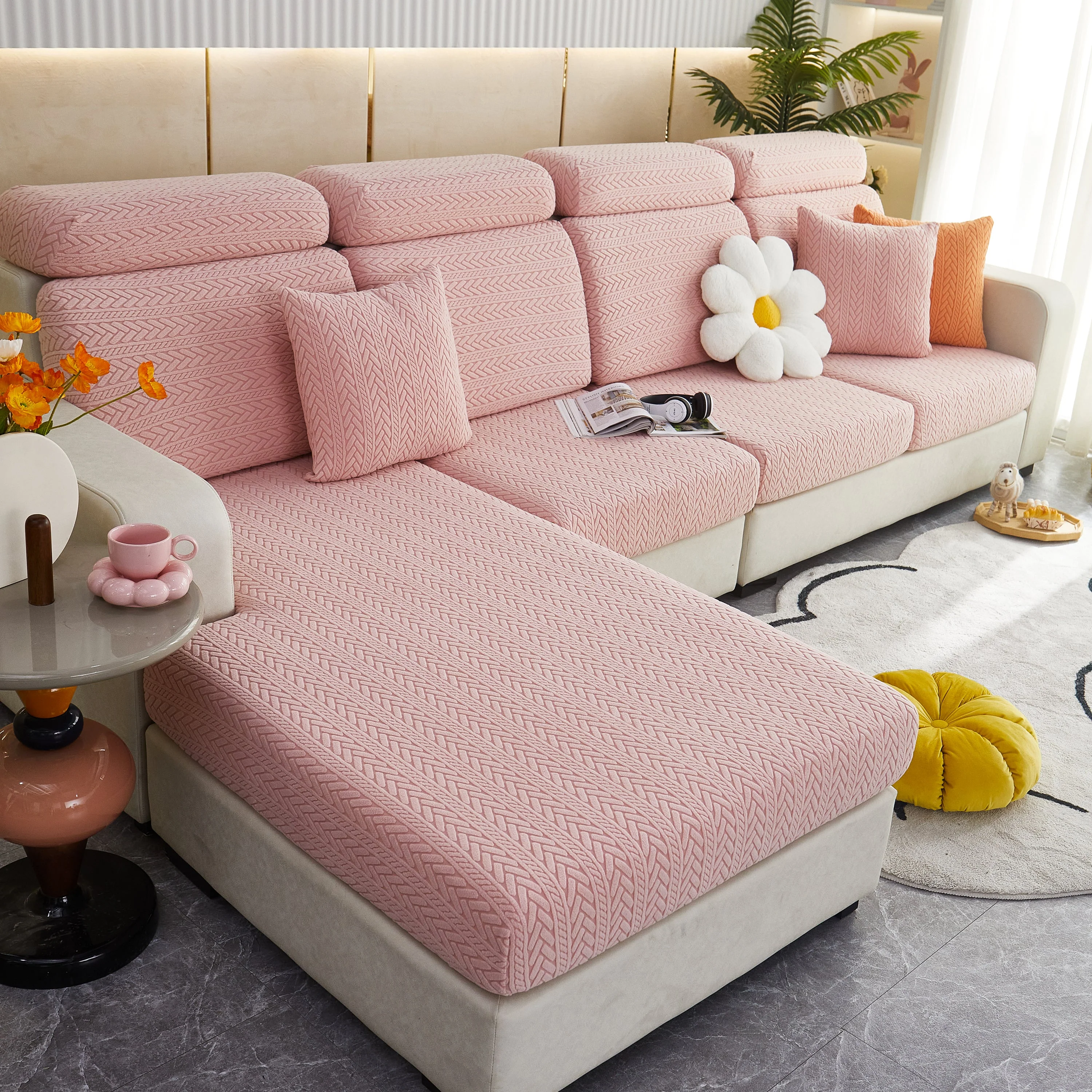 Stretchable Jacquard Polar Fleece Sofa Cover Non-Slip Furniture Protector for Pets L-Shaped Couch Slipcovers - Image 14