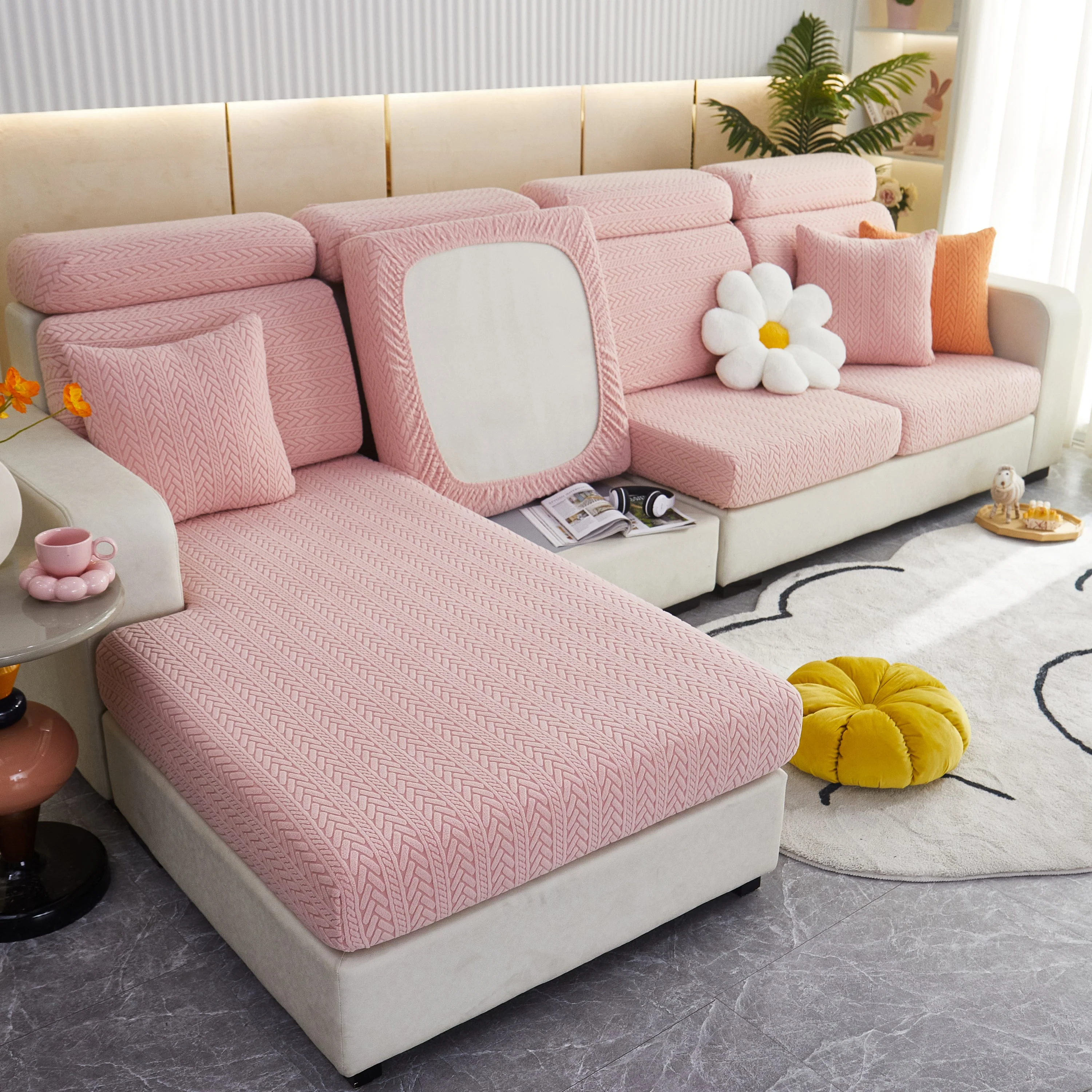 Stretchable Jacquard Polar Fleece Sofa Cover Non-Slip Furniture Protector for Pets L-Shaped Couch Slipcovers - Image 15