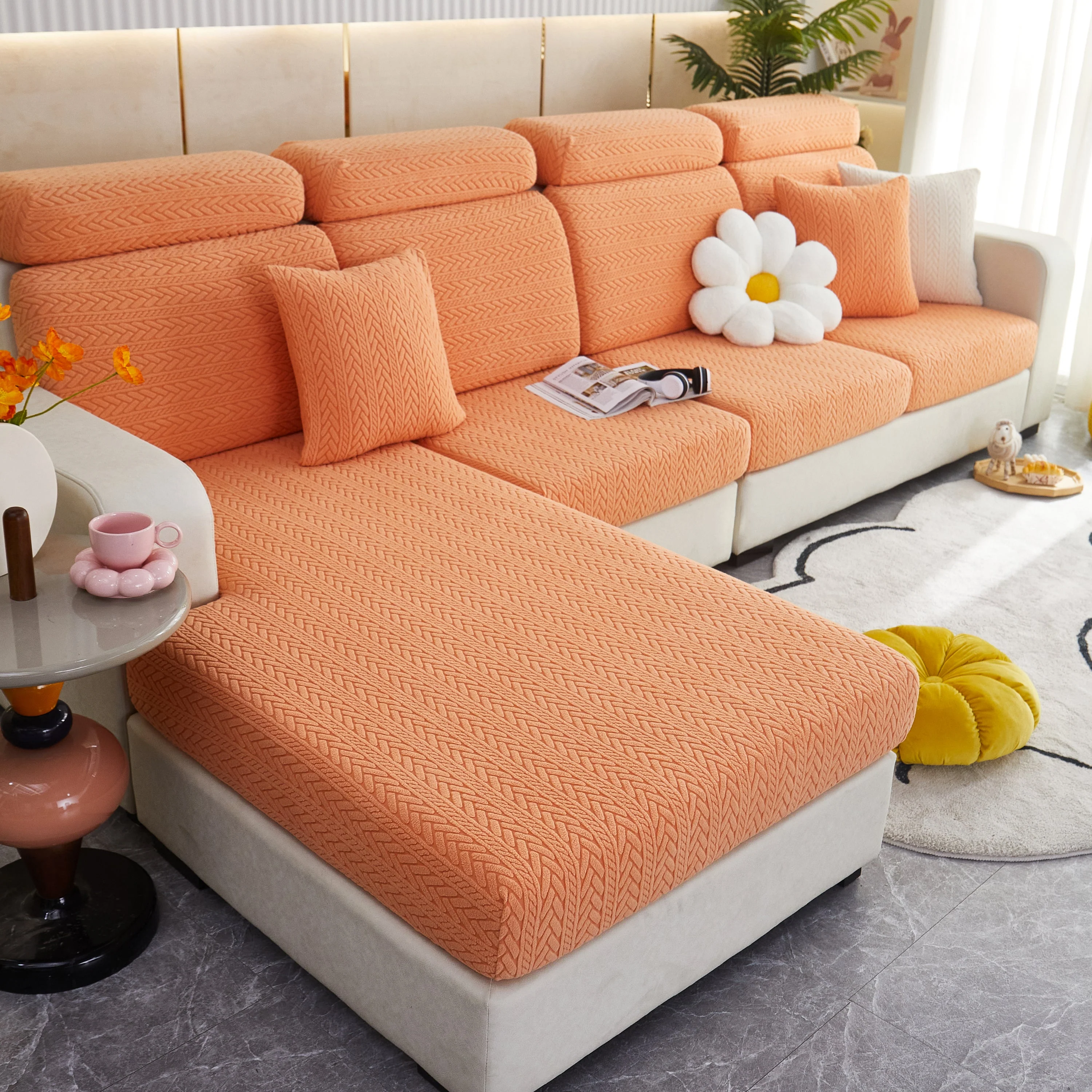 Stretchable Jacquard Polar Fleece Sofa Cover Non-Slip Furniture Protector for Pets L-Shaped Couch Slipcovers - Image 16