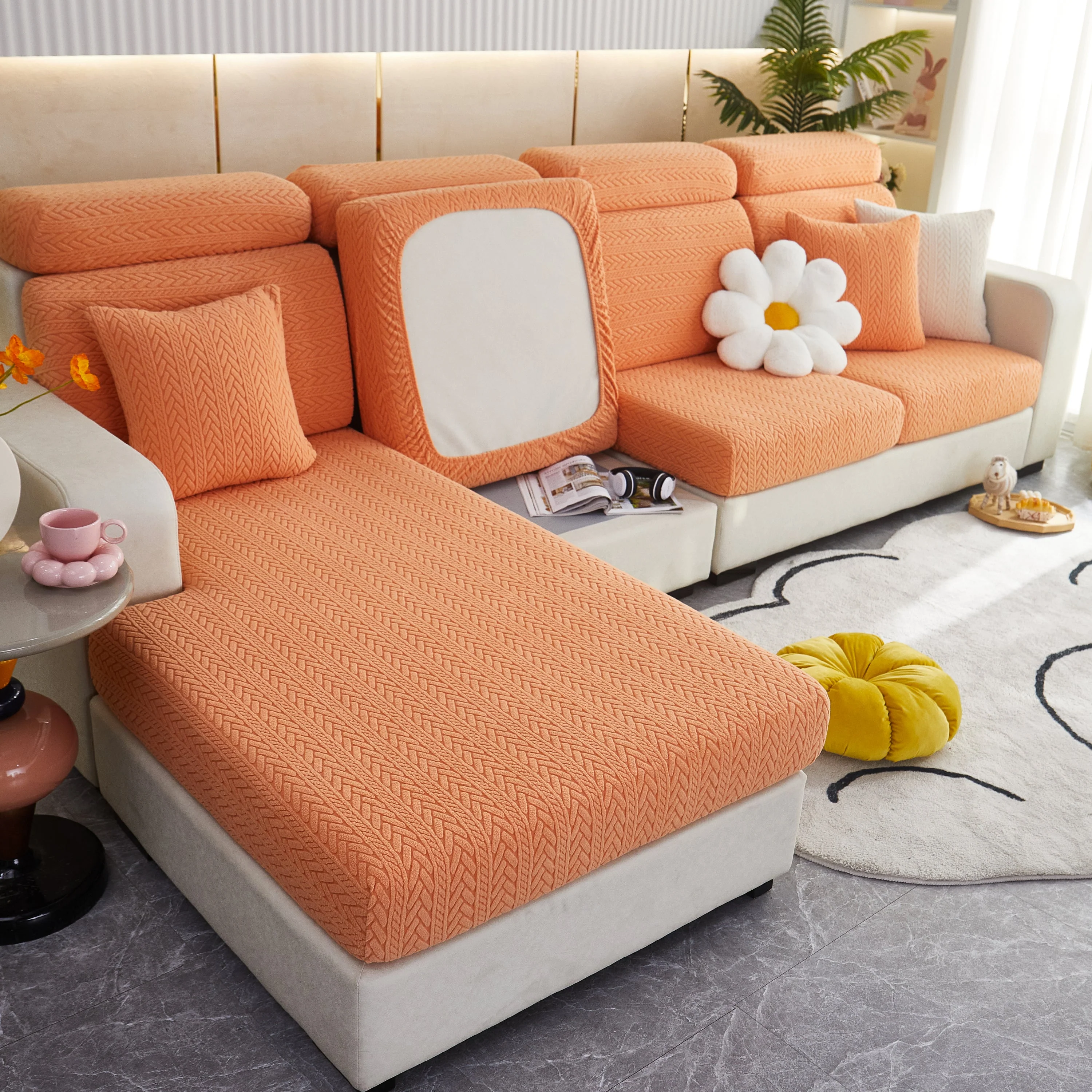 Stretchable Jacquard Polar Fleece Sofa Cover Non-Slip Furniture Protector for Pets L-Shaped Couch Slipcovers - Image 17