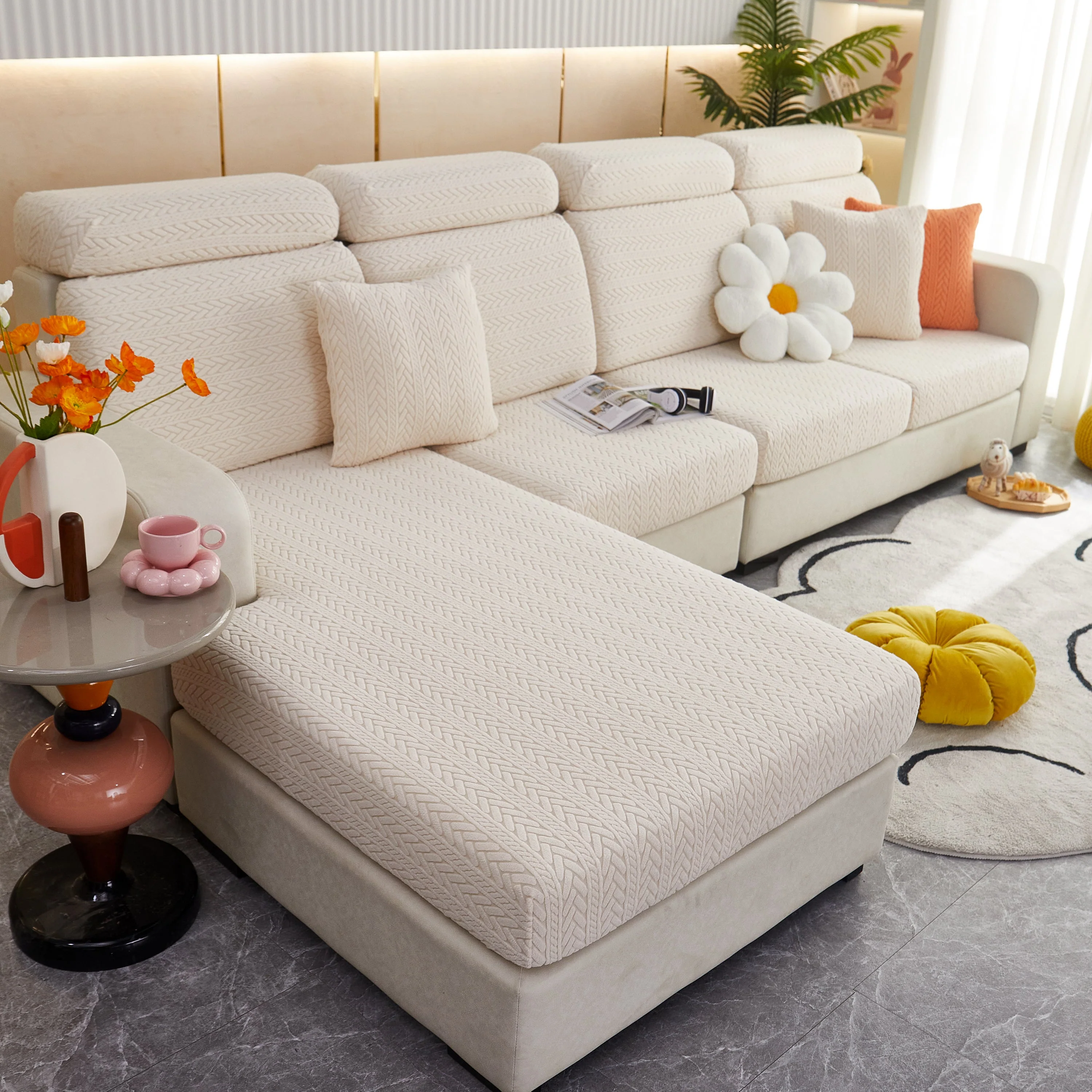 Stretchable Jacquard Polar Fleece Sofa Cover Non-Slip Furniture Protector for Pets L-Shaped Couch Slipcovers - Image 18