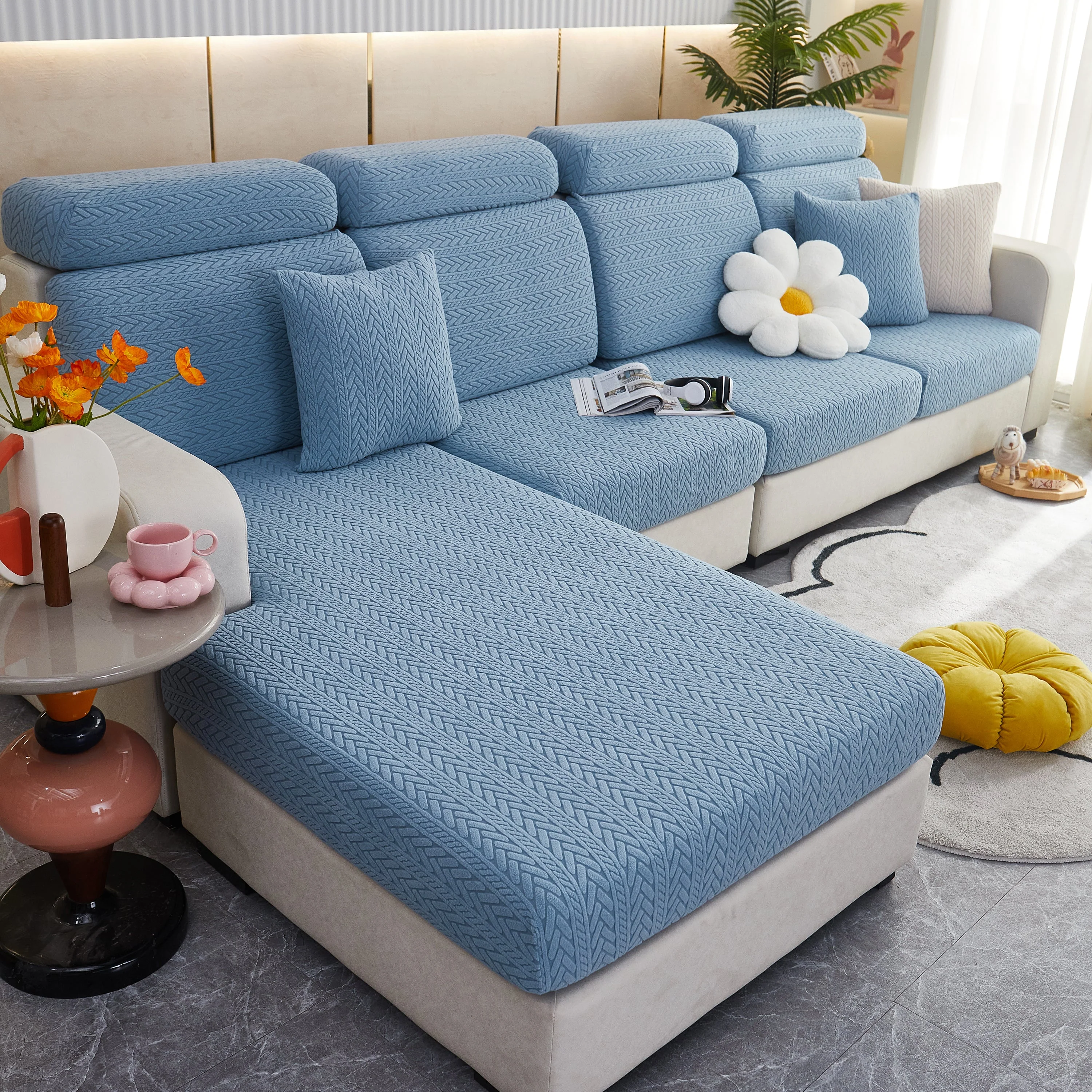 Stretchable Jacquard Polar Fleece Sofa Cover Non-Slip Furniture Protector for Pets L-Shaped Couch Slipcovers - Image 20