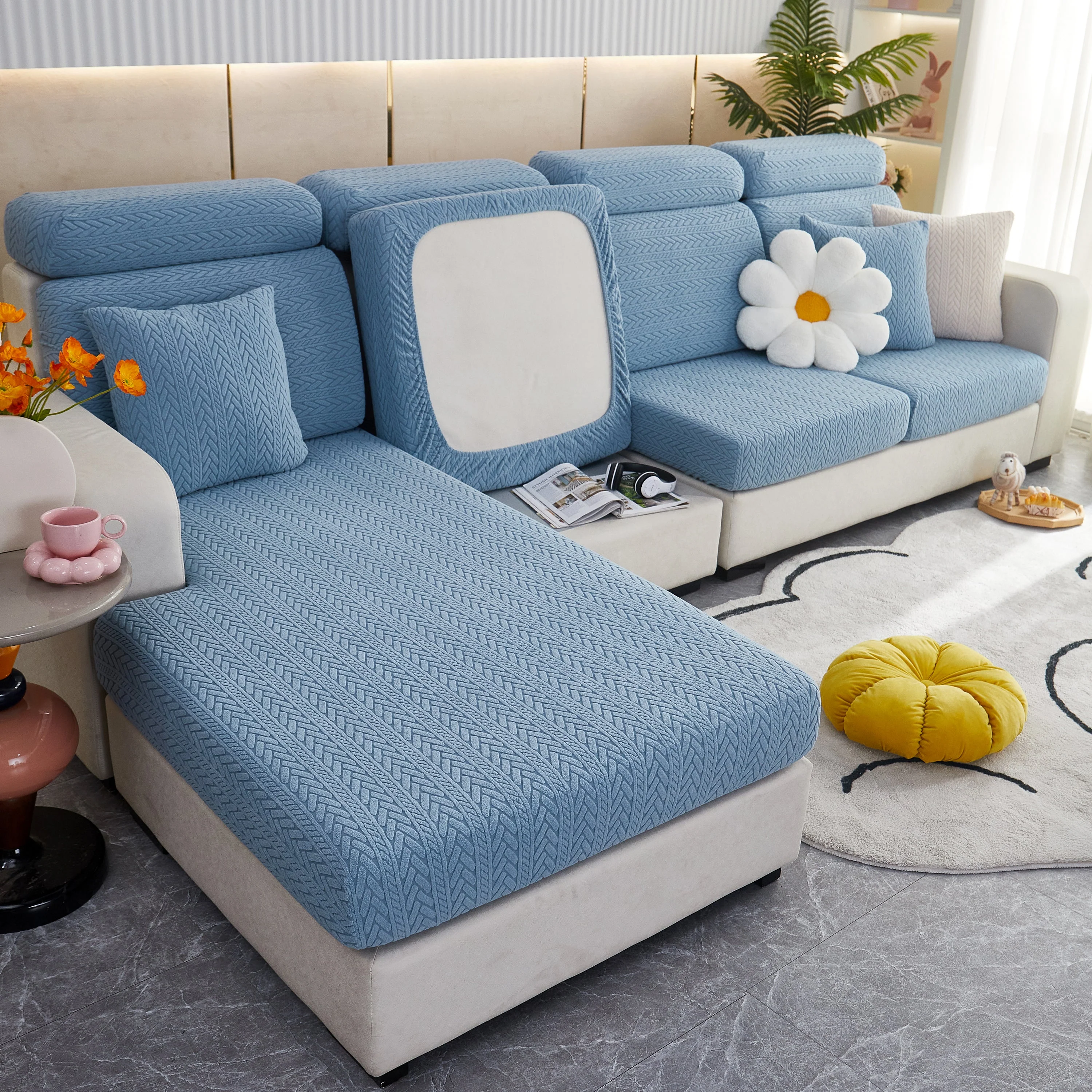 Stretchable Jacquard Polar Fleece Sofa Cover Non-Slip Furniture Protector for Pets L-Shaped Couch Slipcovers - Image 21