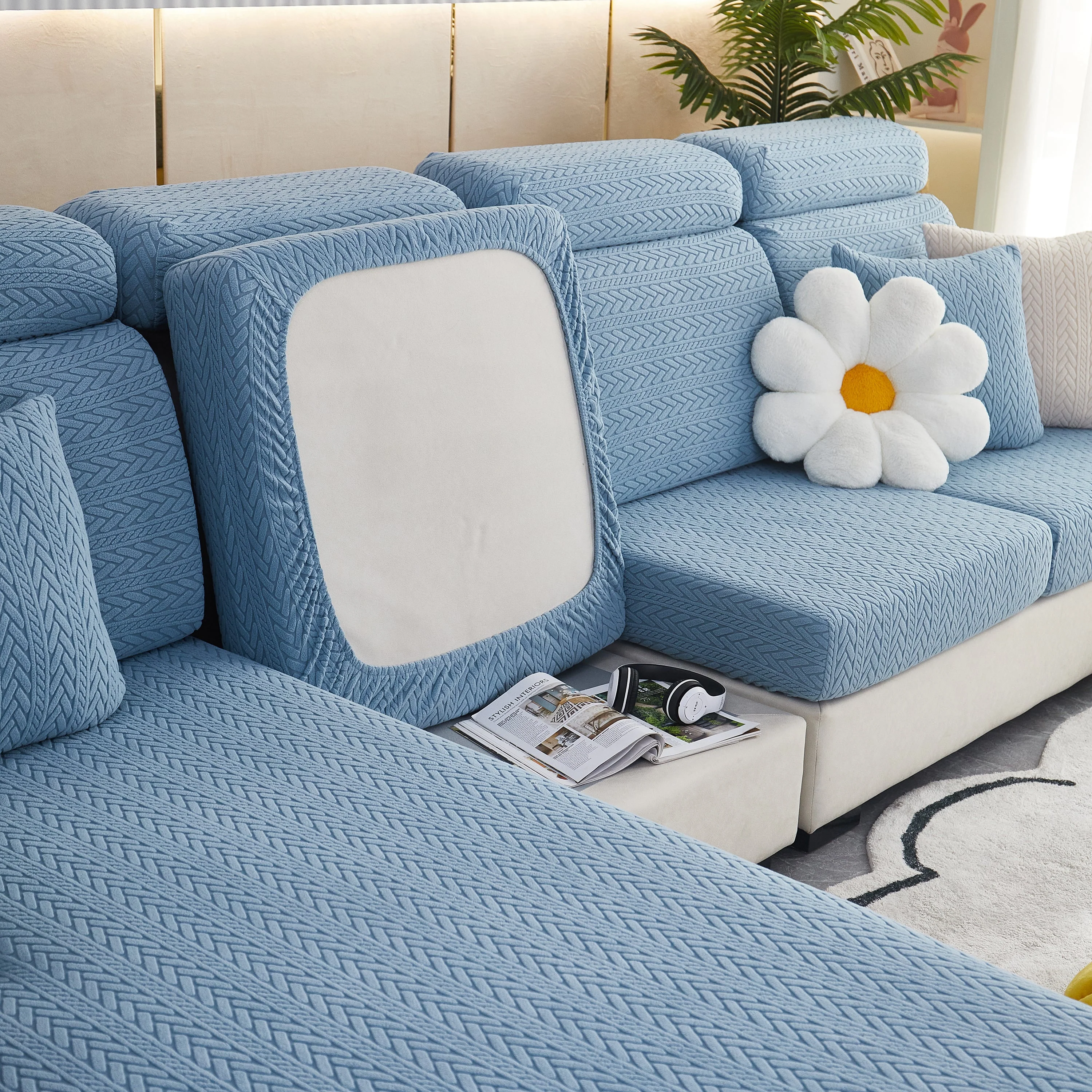 Stretchable Jacquard Polar Fleece Sofa Cover Non-Slip Furniture Protector for Pets L-Shaped Couch Slipcovers - Image 22