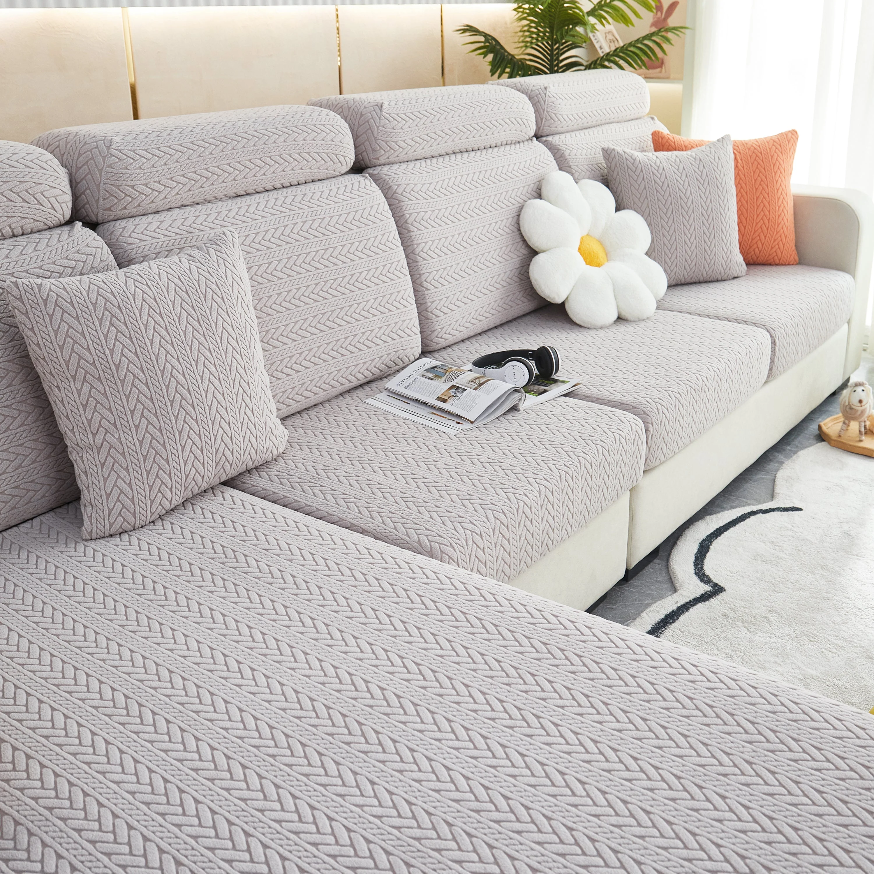 Stretchable Jacquard Polar Fleece Sofa Cover Non-Slip Furniture Protector for Pets L-Shaped Couch Slipcovers - Image 23