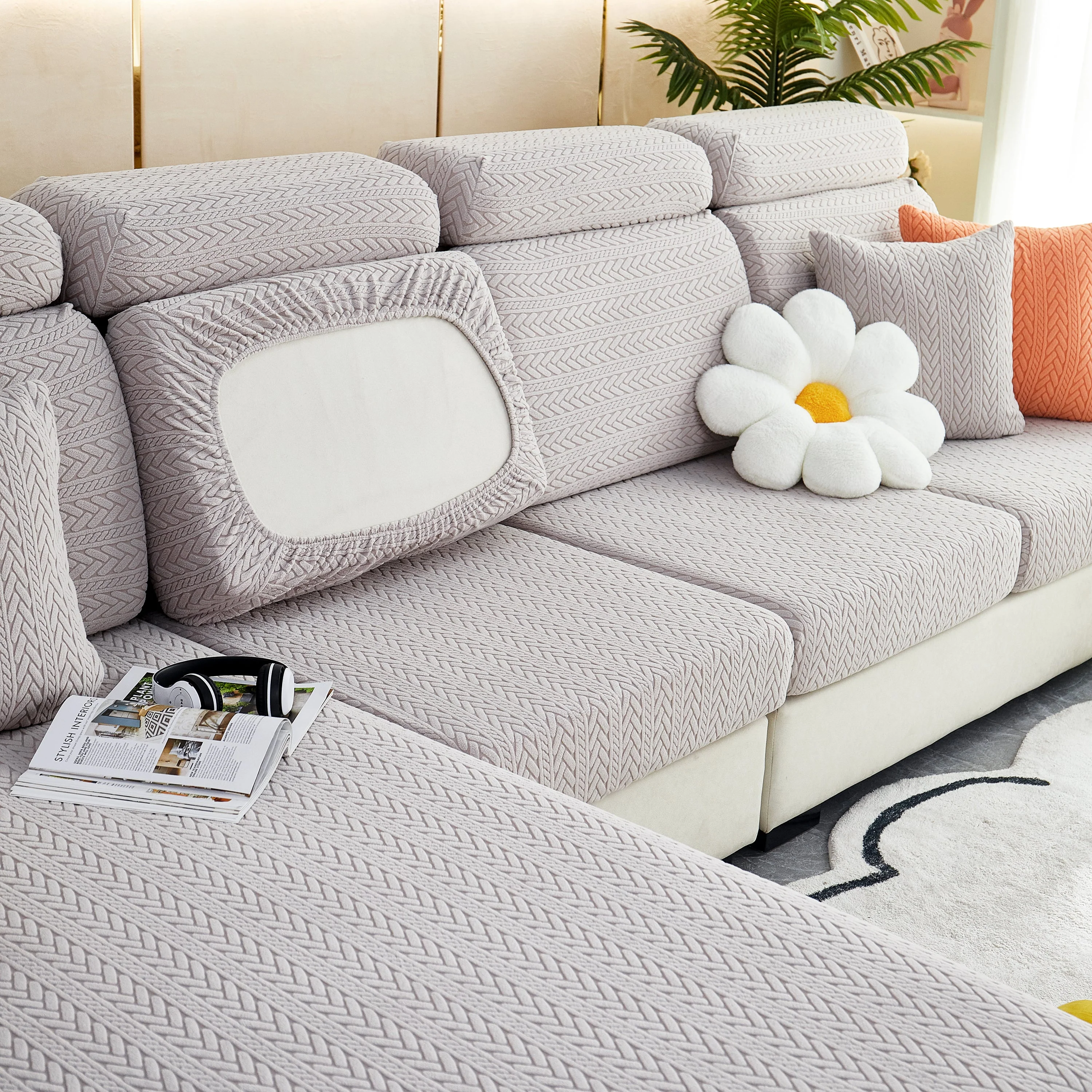 Stretchable Jacquard Polar Fleece Sofa Cover Non-Slip Furniture Protector for Pets L-Shaped Couch Slipcovers - Image 24