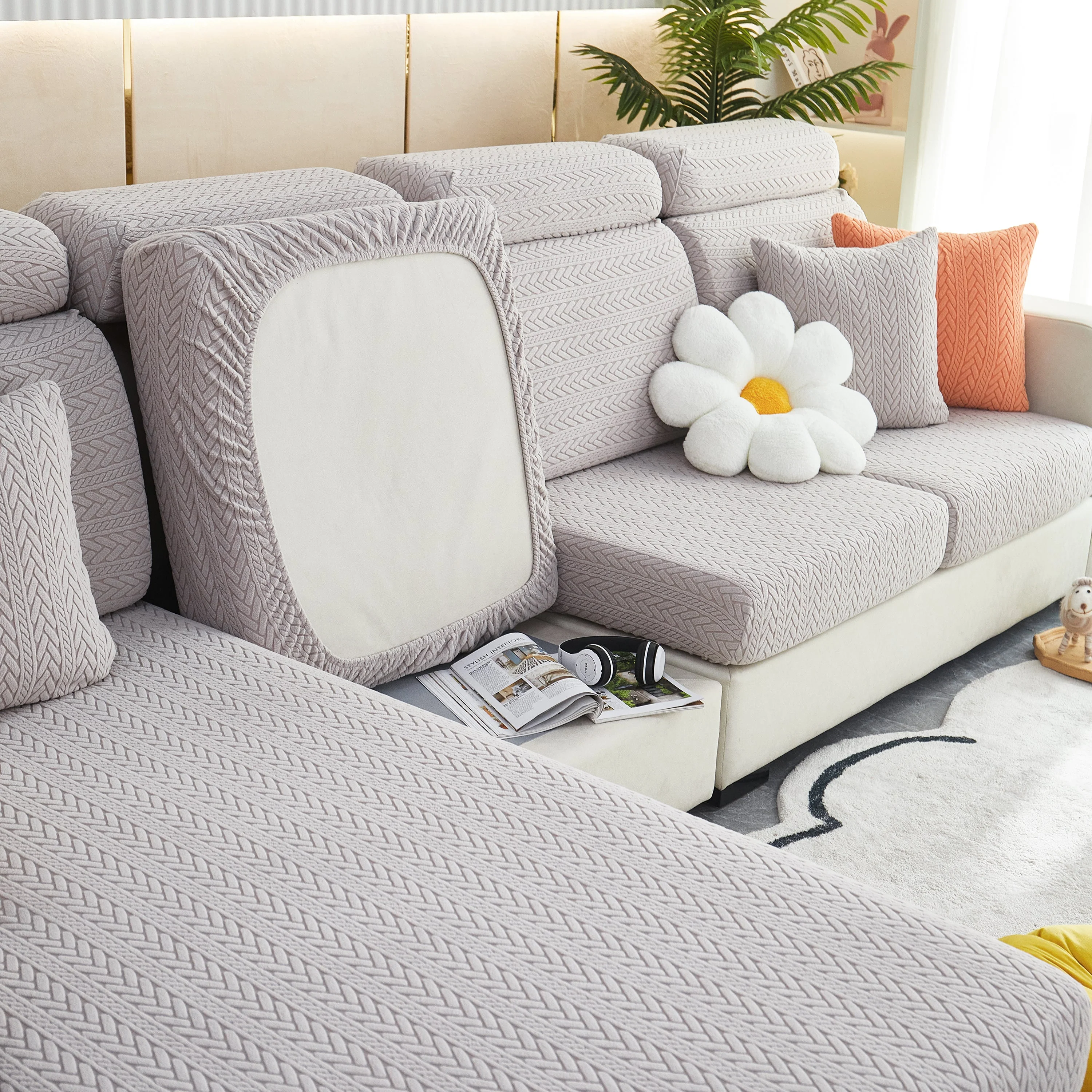 Stretchable Jacquard Polar Fleece Sofa Cover Non-Slip Furniture Protector for Pets L-Shaped Couch Slipcovers - Image 25