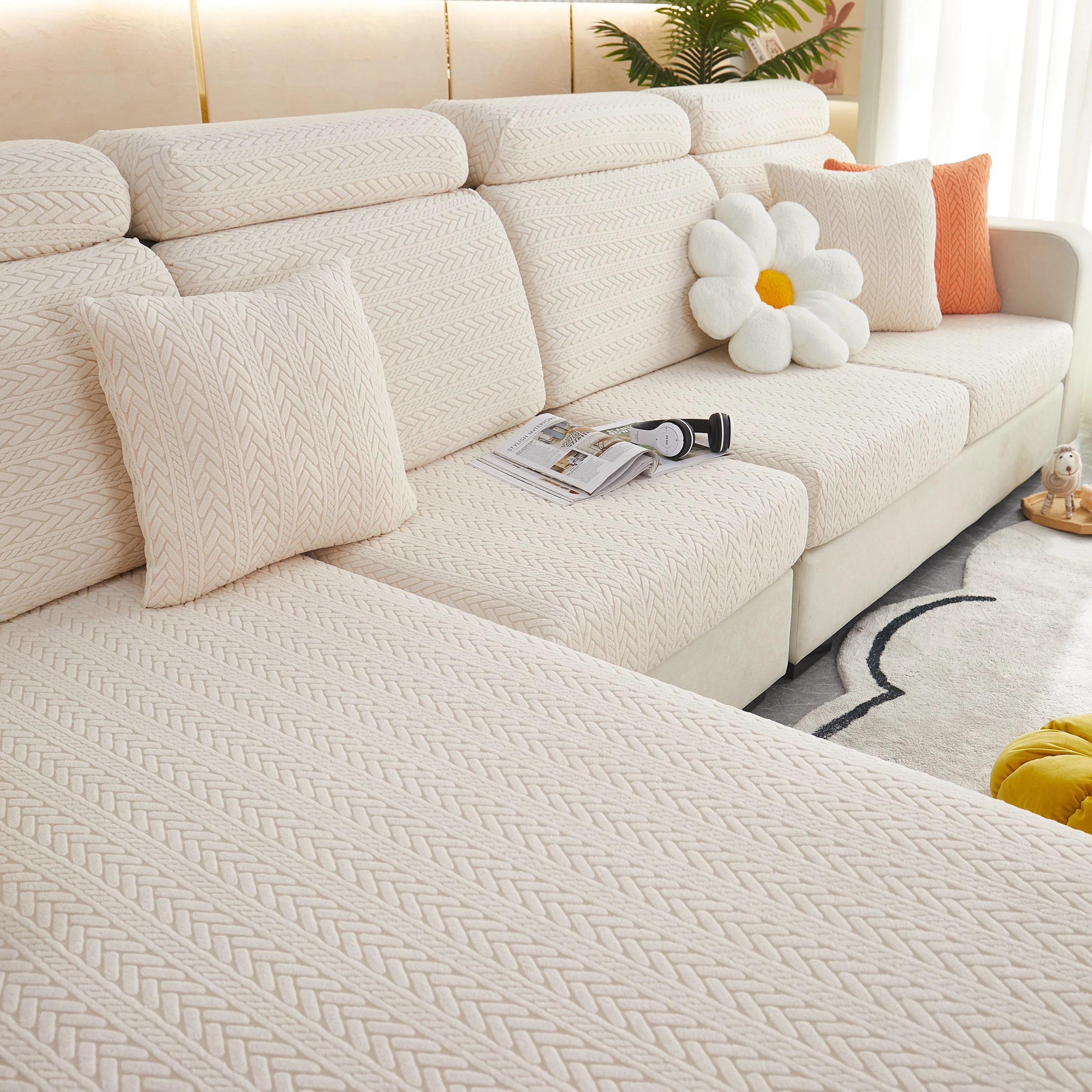 Stretchable Jacquard Polar Fleece Sofa Cover Non-Slip Furniture Protector for Pets L-Shaped Couch Slipcovers - Image 26