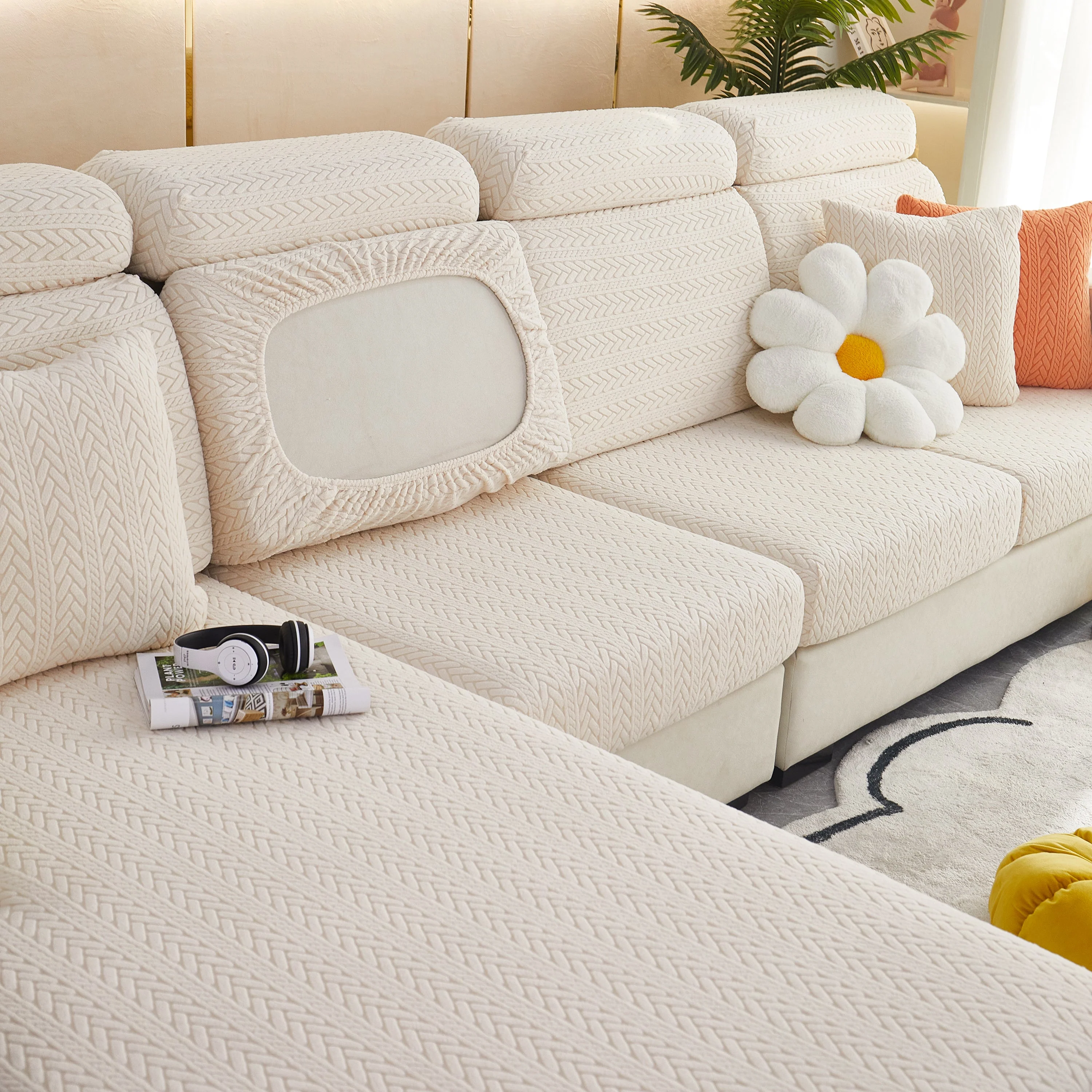 Stretchable Jacquard Polar Fleece Sofa Cover Non-Slip Furniture Protector for Pets L-Shaped Couch Slipcovers - Image 27
