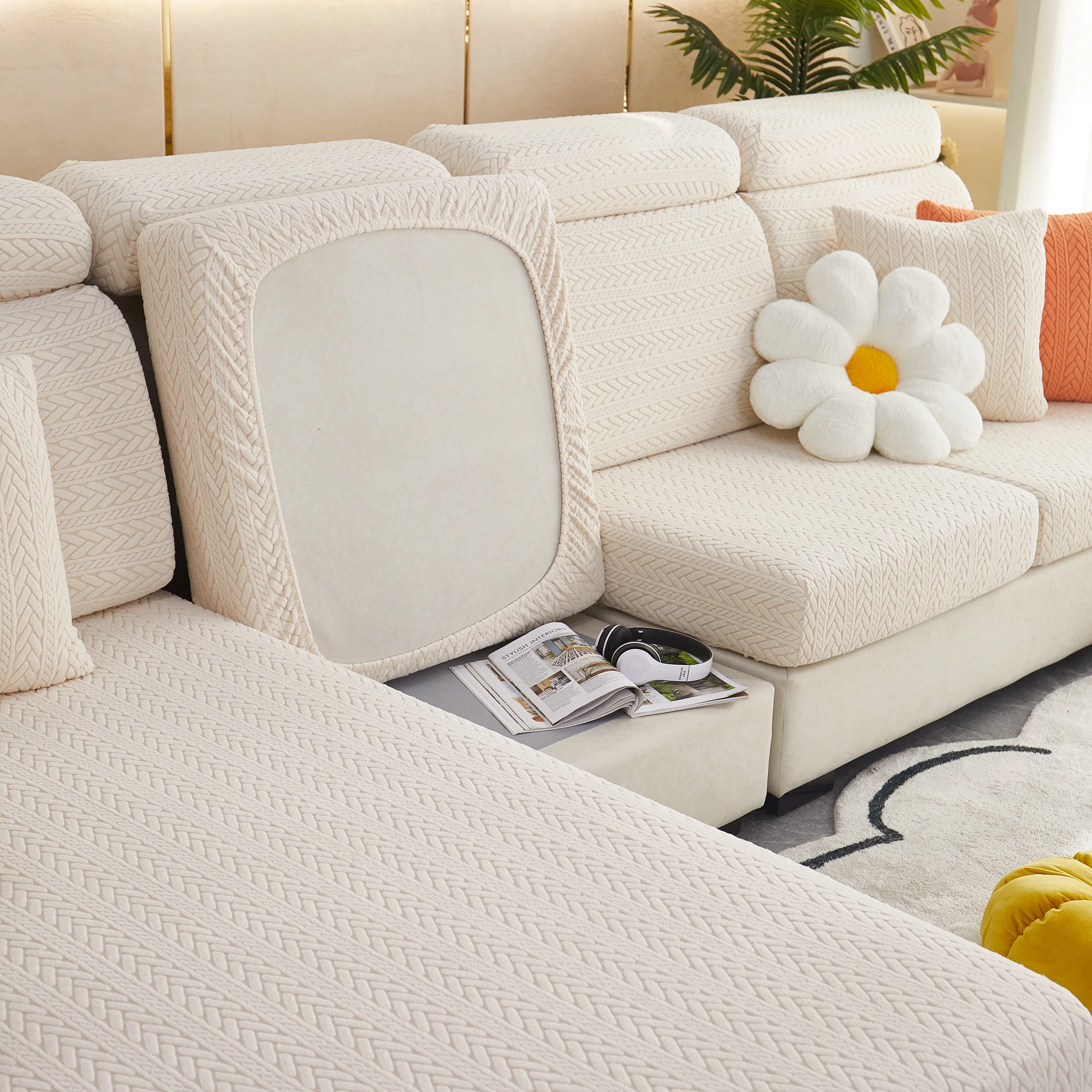 Stretchable Jacquard Polar Fleece Sofa Cover Non-Slip Furniture Protector for Pets L-Shaped Couch Slipcovers - Image 28