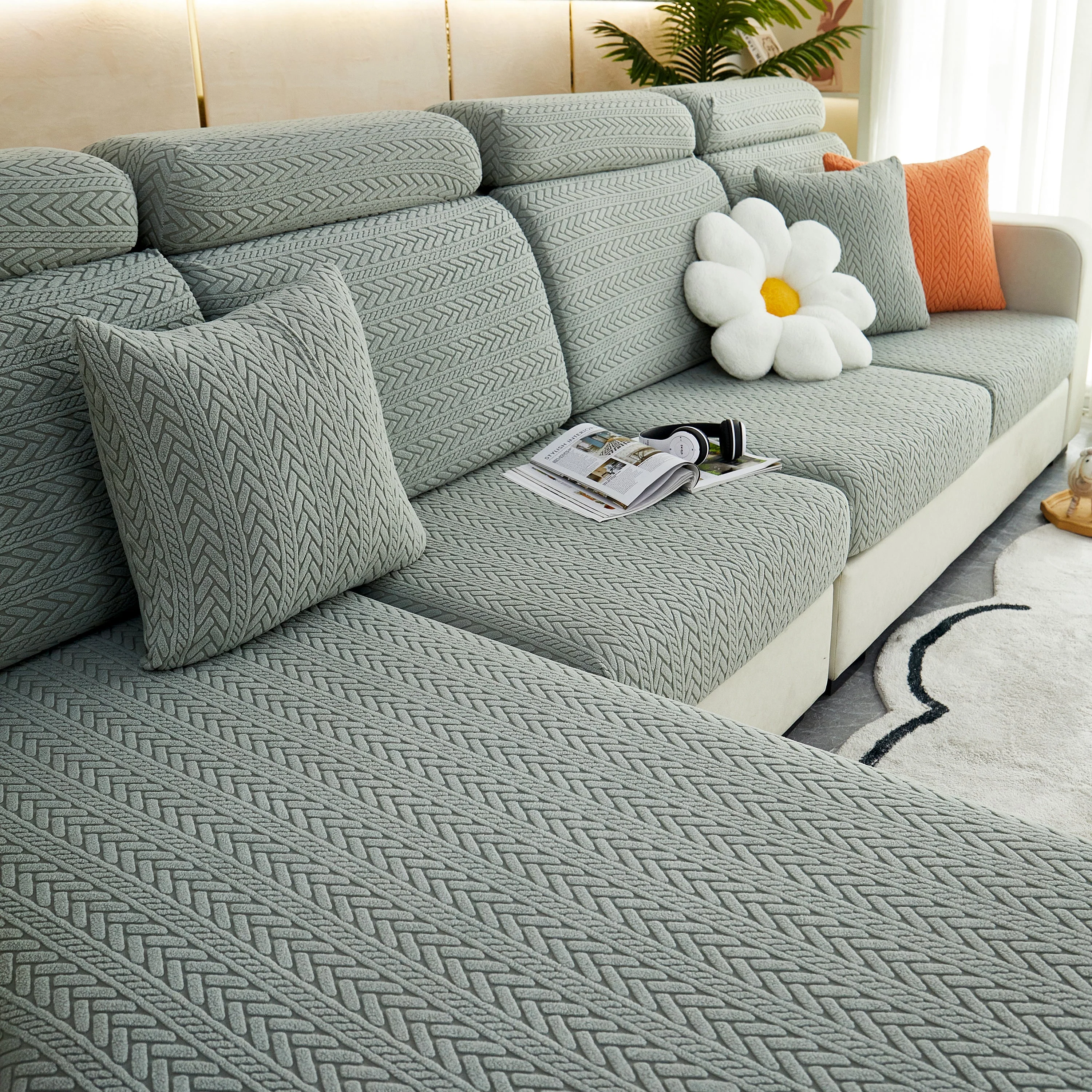 Stretchable Jacquard Polar Fleece Sofa Cover Non-Slip Furniture Protector for Pets L-Shaped Couch Slipcovers - Image 29