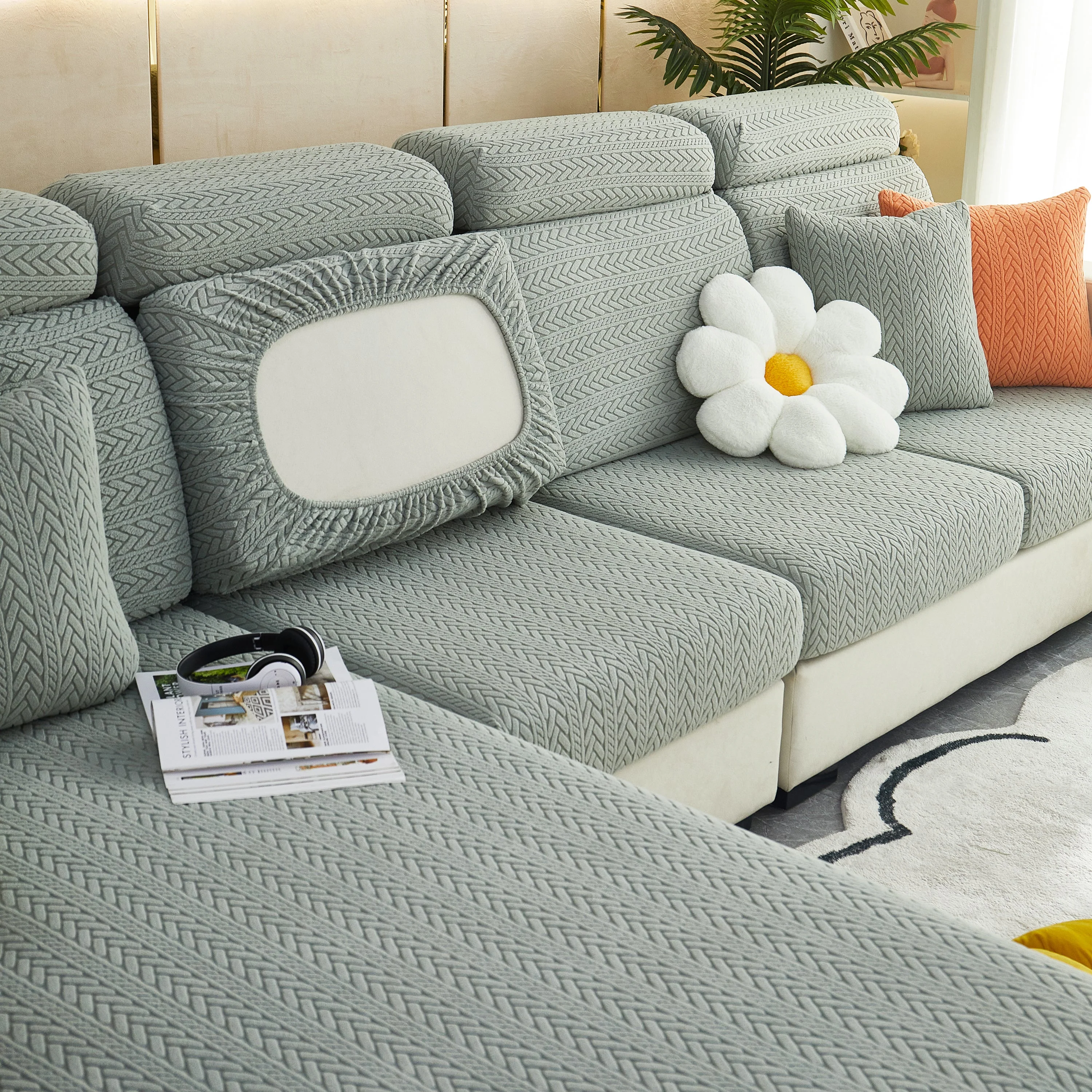 Stretchable Jacquard Polar Fleece Sofa Cover Non-Slip Furniture Protector for Pets L-Shaped Couch Slipcovers - Image 30