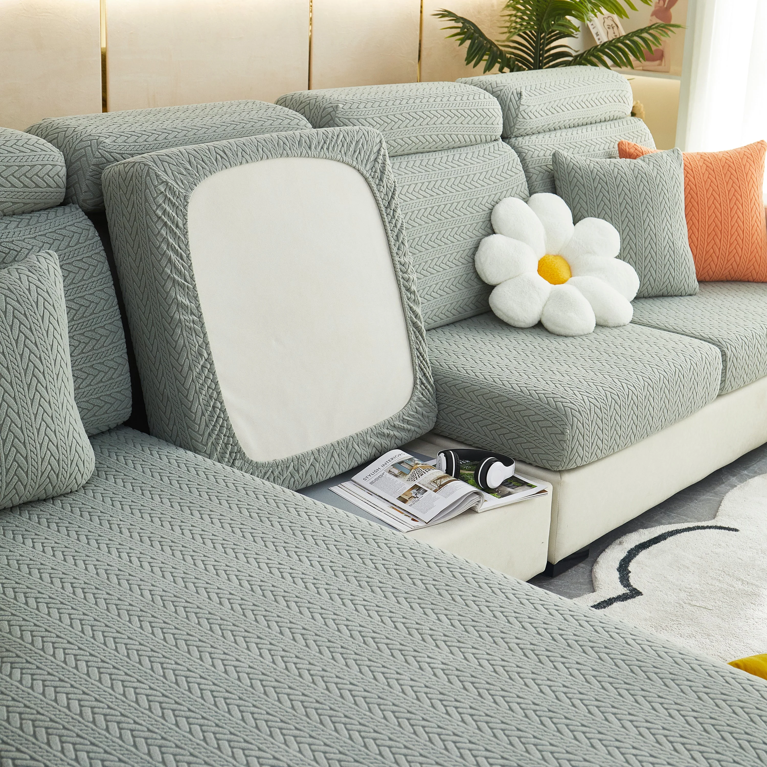 Stretchable Jacquard Polar Fleece Sofa Cover Non-Slip Furniture Protector for Pets L-Shaped Couch Slipcovers - Image 31