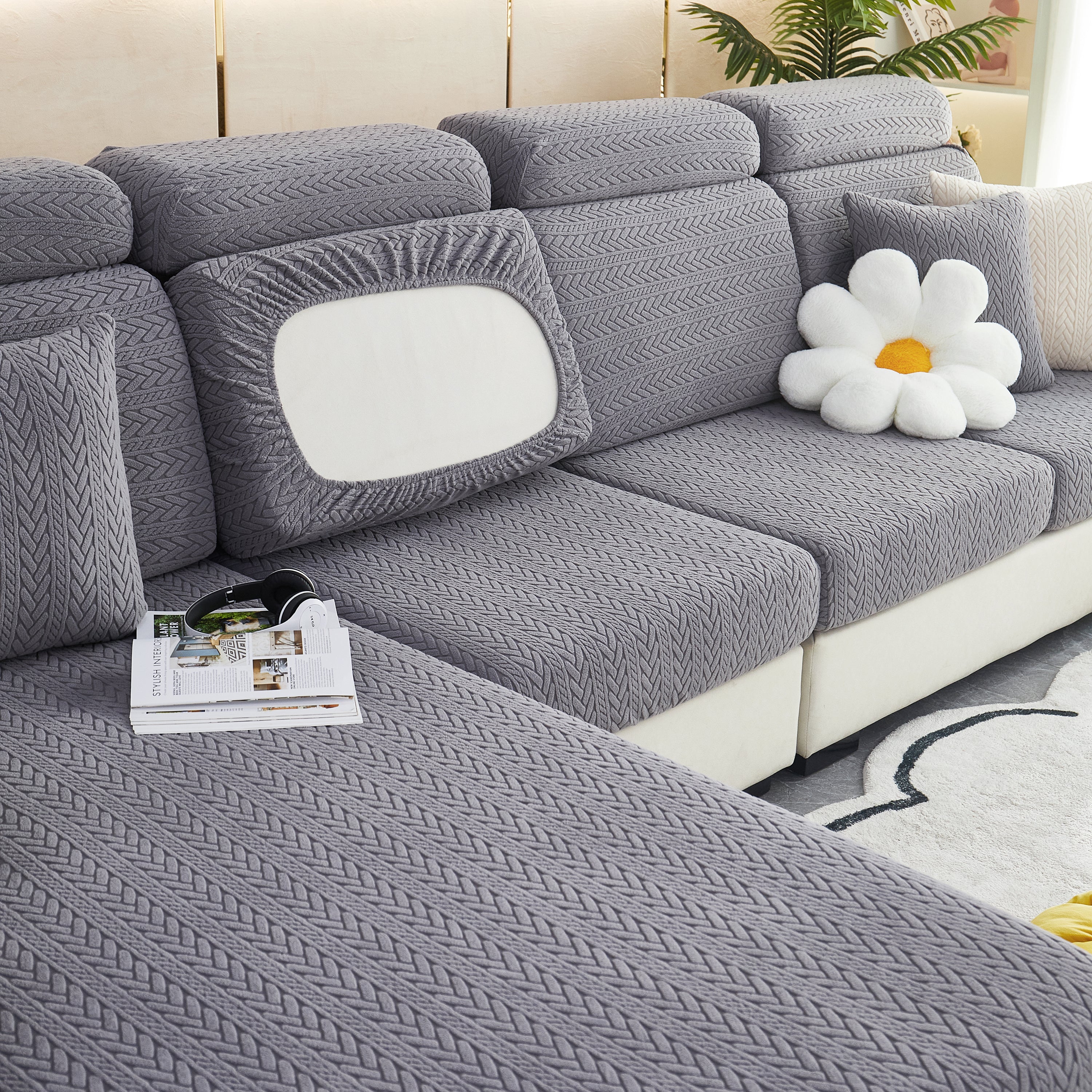 Stretchable Jacquard Polar Fleece Sofa Cover Non-Slip Furniture Protector for Pets L-Shaped Couch Slipcovers - Image 32