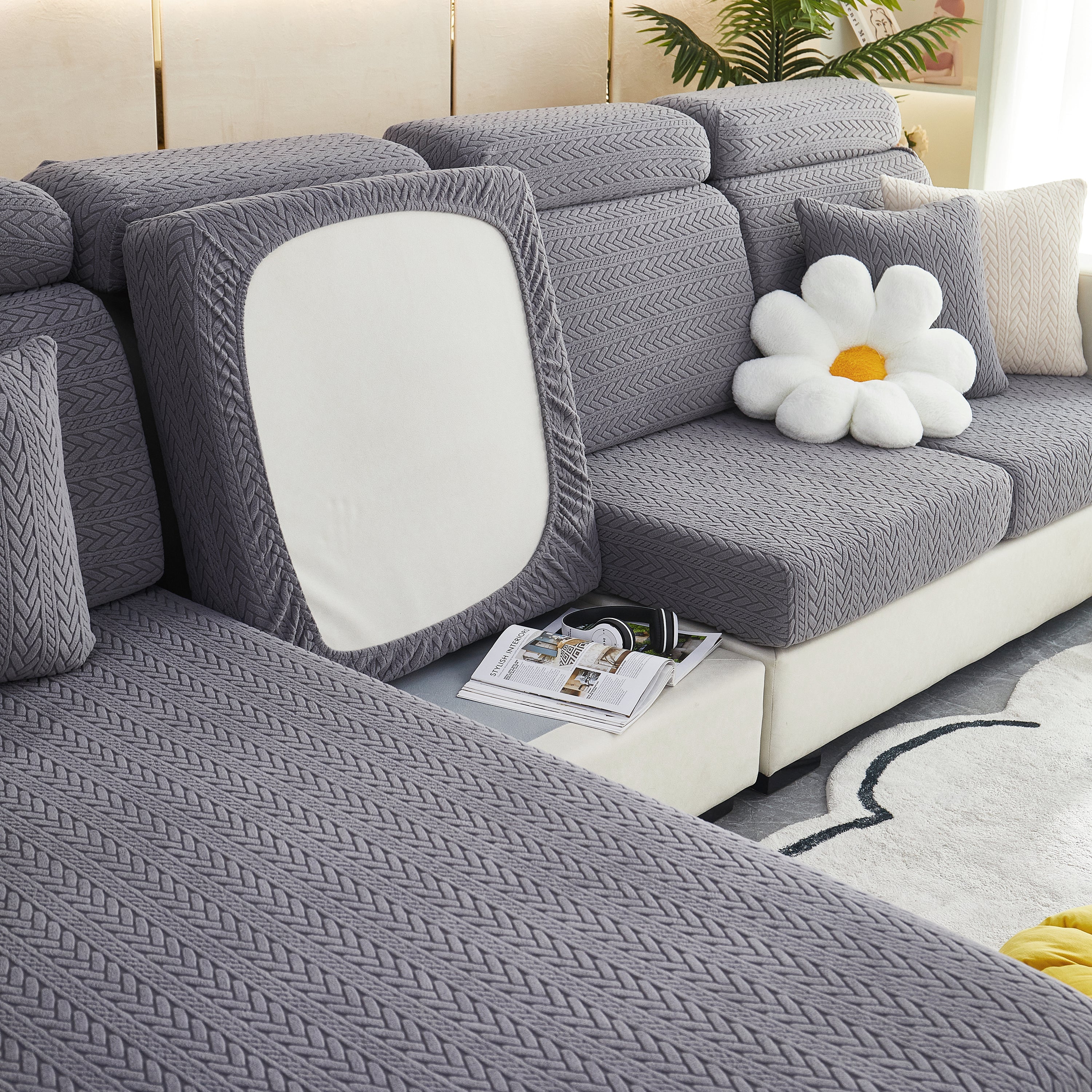Stretchable Jacquard Polar Fleece Sofa Cover Non-Slip Furniture Protector for Pets L-Shaped Couch Slipcovers - Image 33