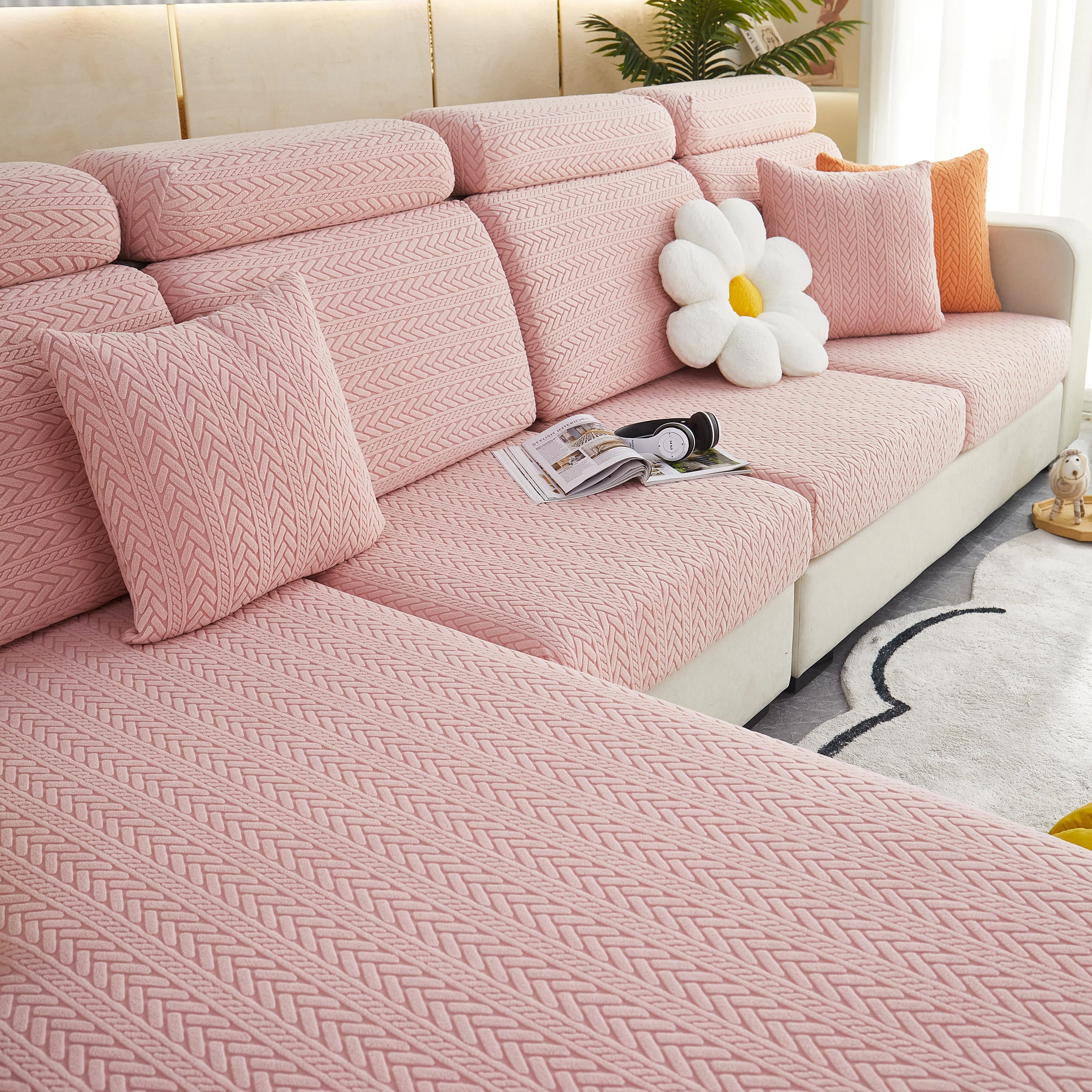 Stretchable Jacquard Polar Fleece Sofa Cover Non-Slip Furniture Protector for Pets L-Shaped Couch Slipcovers - Image 34