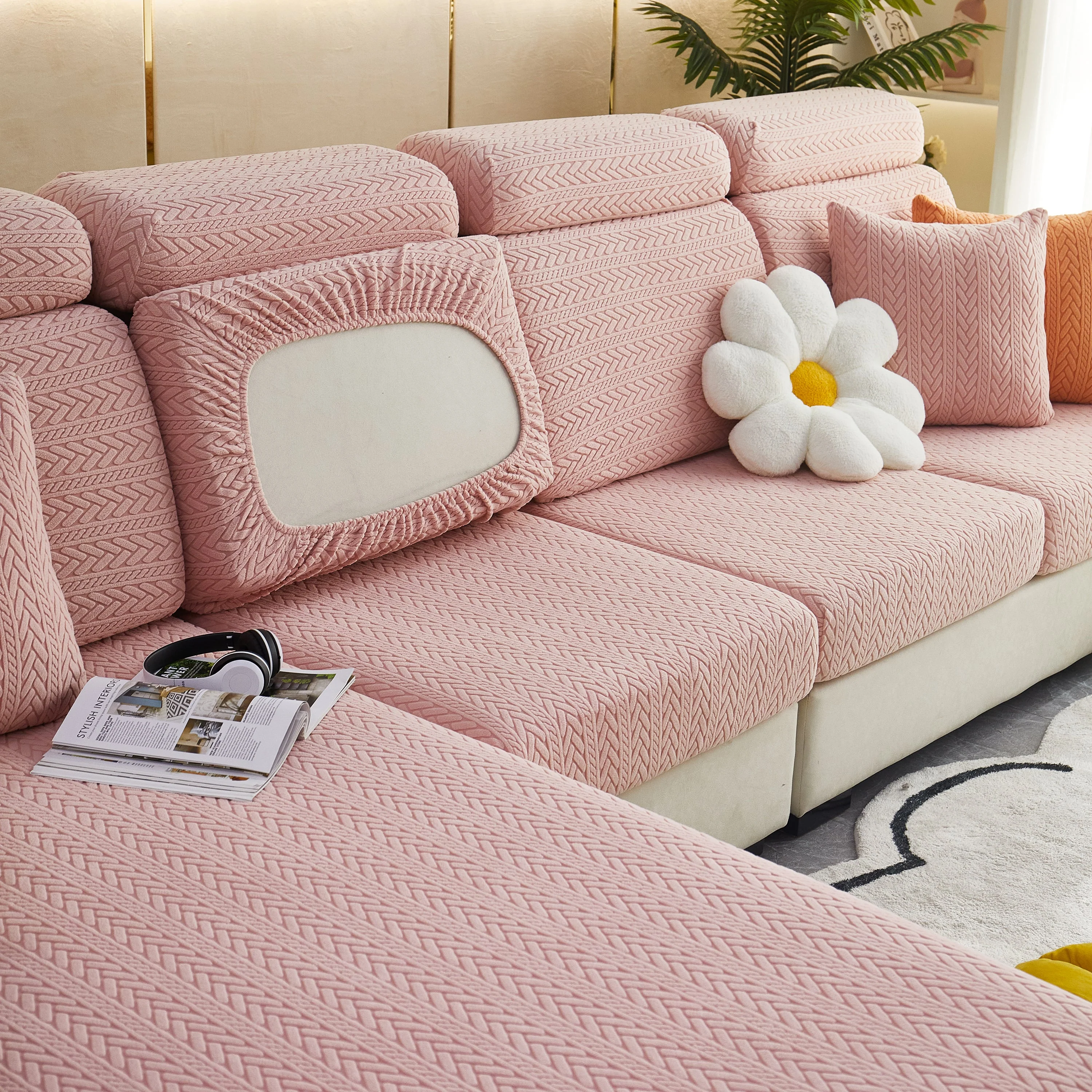 Stretchable Jacquard Polar Fleece Sofa Cover Non-Slip Furniture Protector for Pets L-Shaped Couch Slipcovers - Image 35
