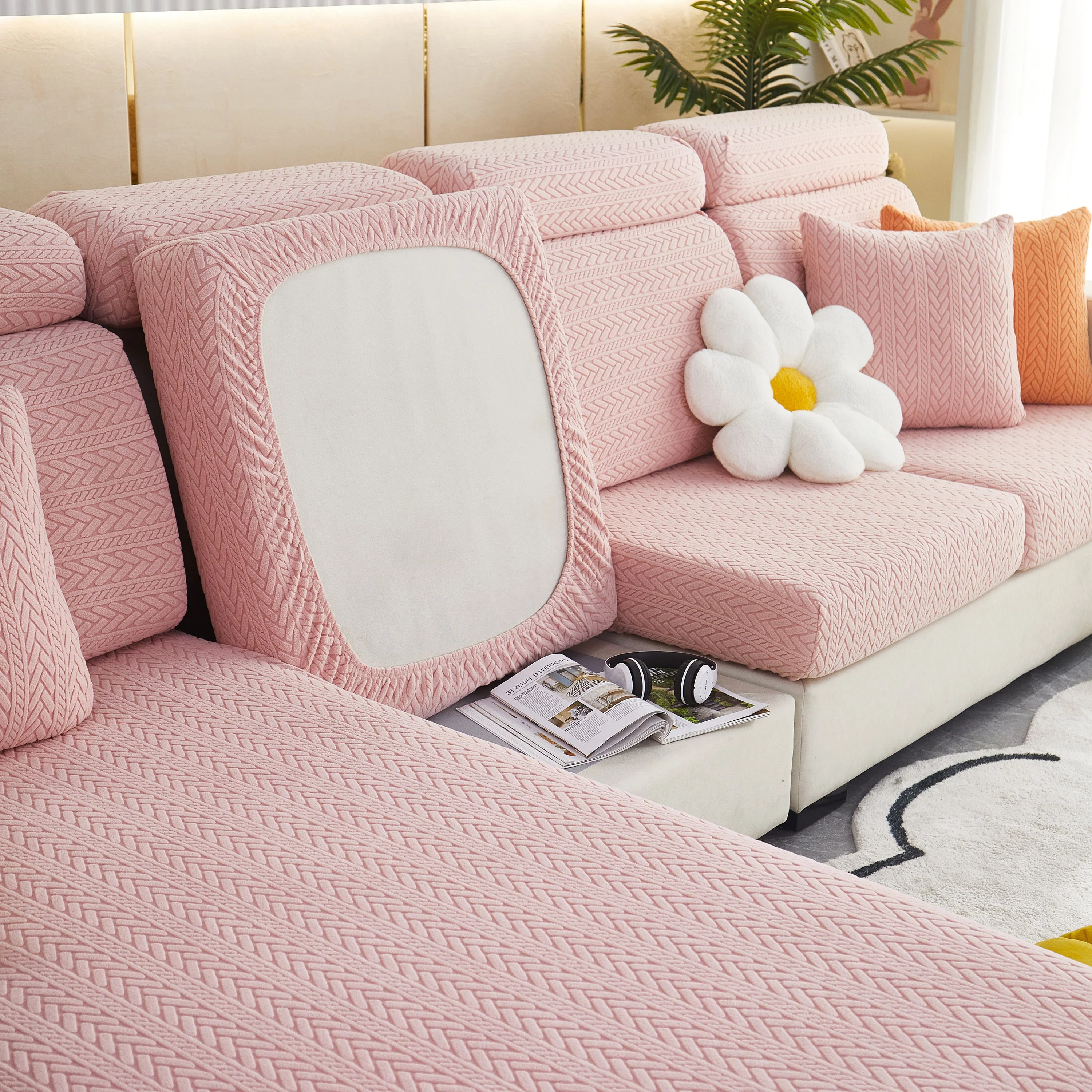 Stretchable Jacquard Polar Fleece Sofa Cover Non-Slip Furniture Protector for Pets L-Shaped Couch Slipcovers - Image 36