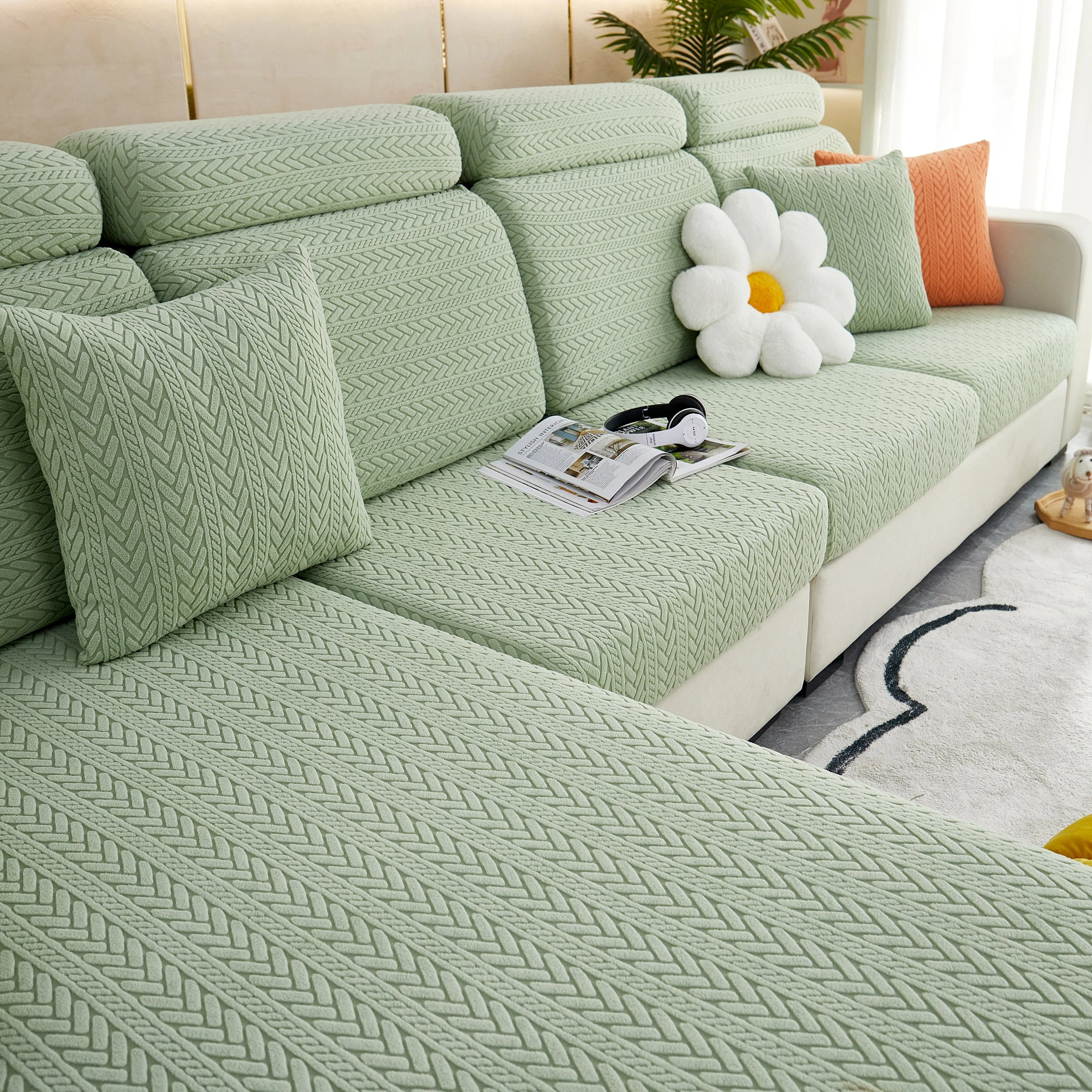 Stretchable Jacquard Polar Fleece Sofa Cover Non-Slip Furniture Protector for Pets L-Shaped Couch Slipcovers - Image 37