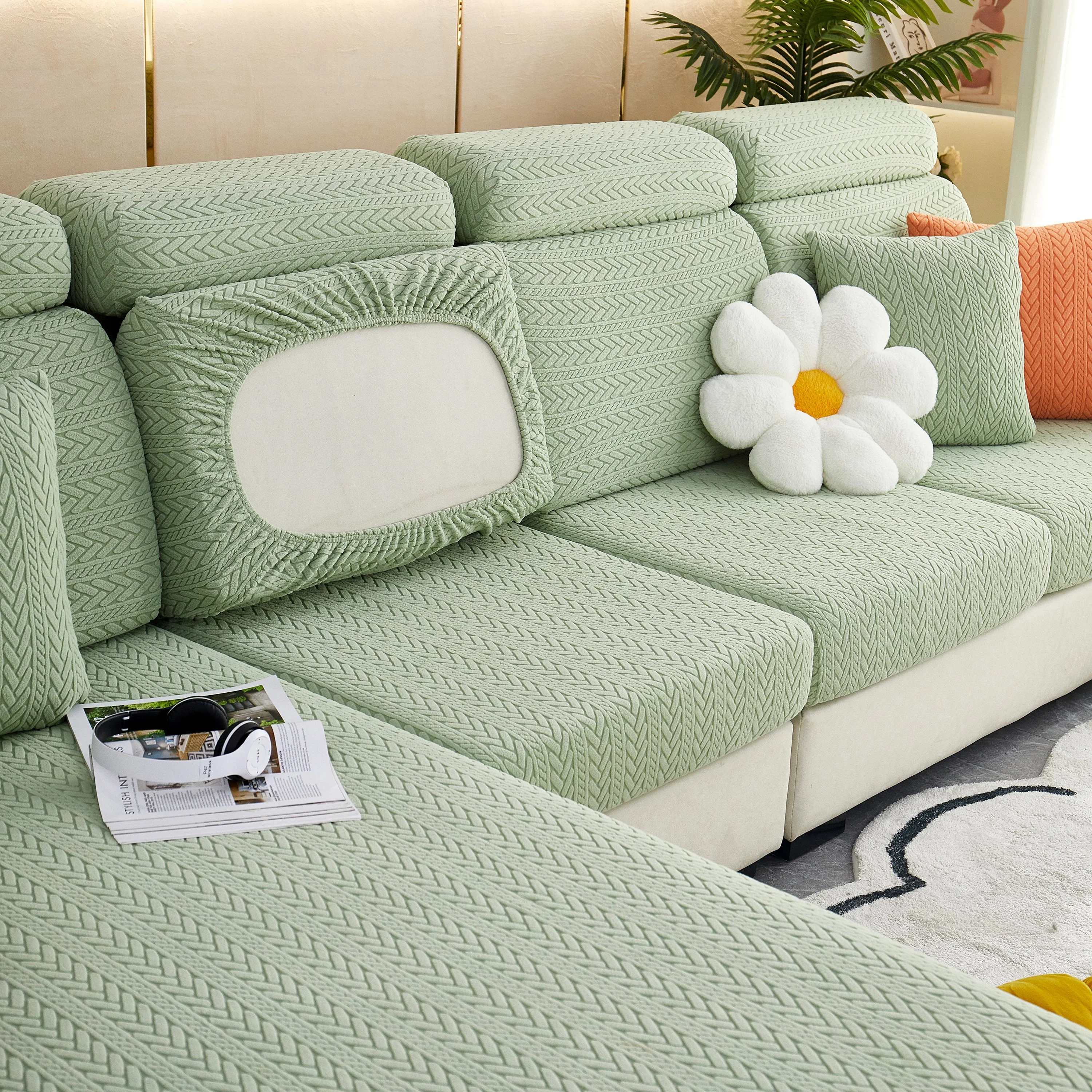 Stretchable Jacquard Polar Fleece Sofa Cover Non-Slip Furniture Protector for Pets L-Shaped Couch Slipcovers - Image 38