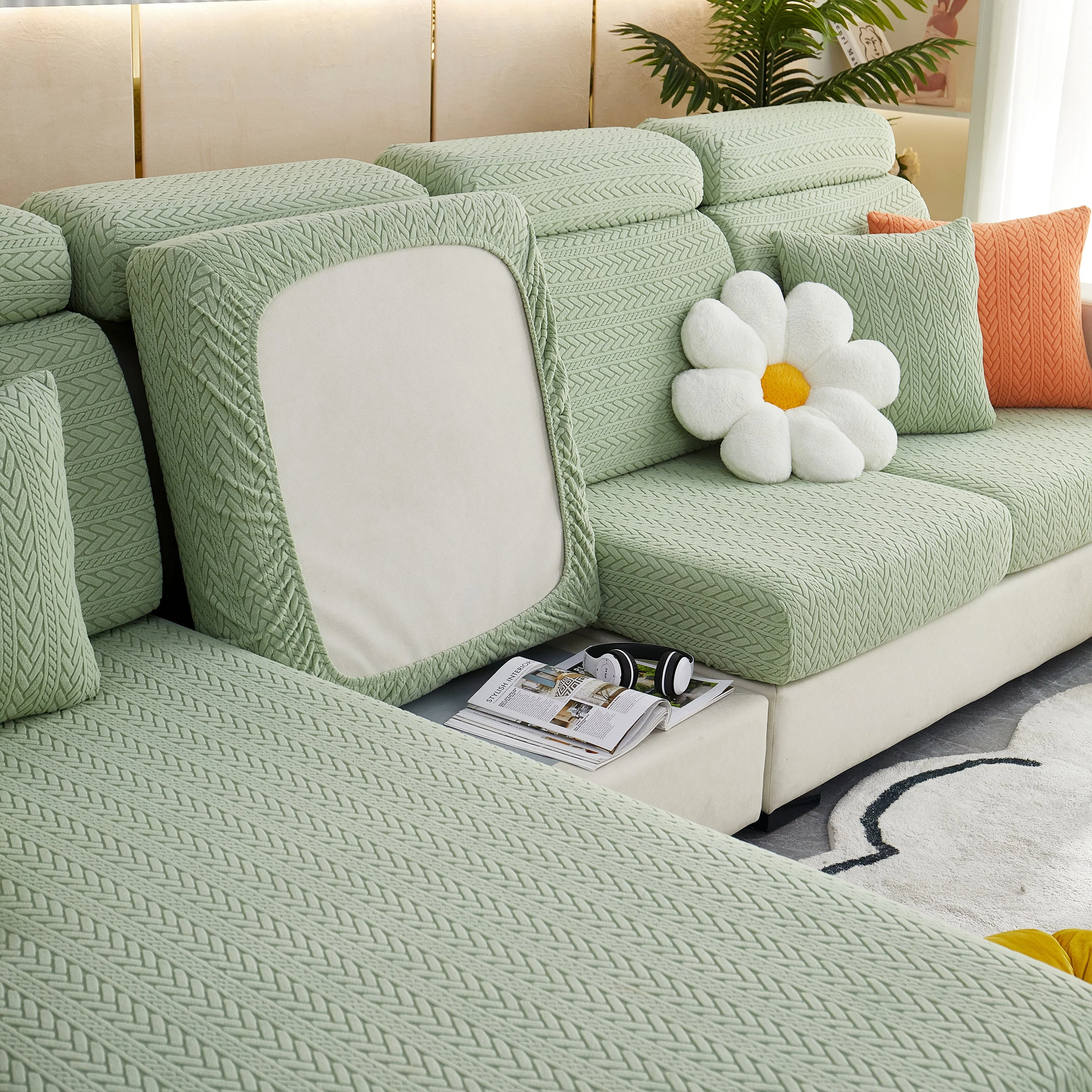 Stretchable Jacquard Polar Fleece Sofa Cover Non-Slip Furniture Protector for Pets L-Shaped Couch Slipcovers - Image 39