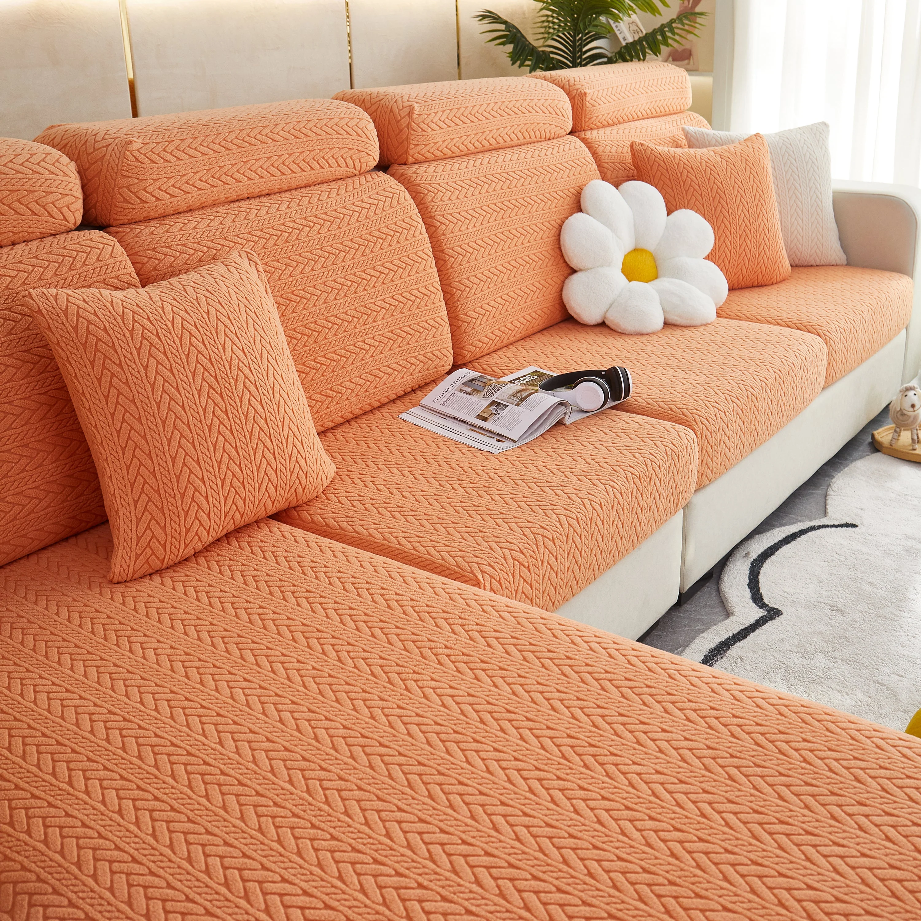 Stretchable Jacquard Polar Fleece Sofa Cover Non-Slip Furniture Protector for Pets L-Shaped Couch Slipcovers - Image 40