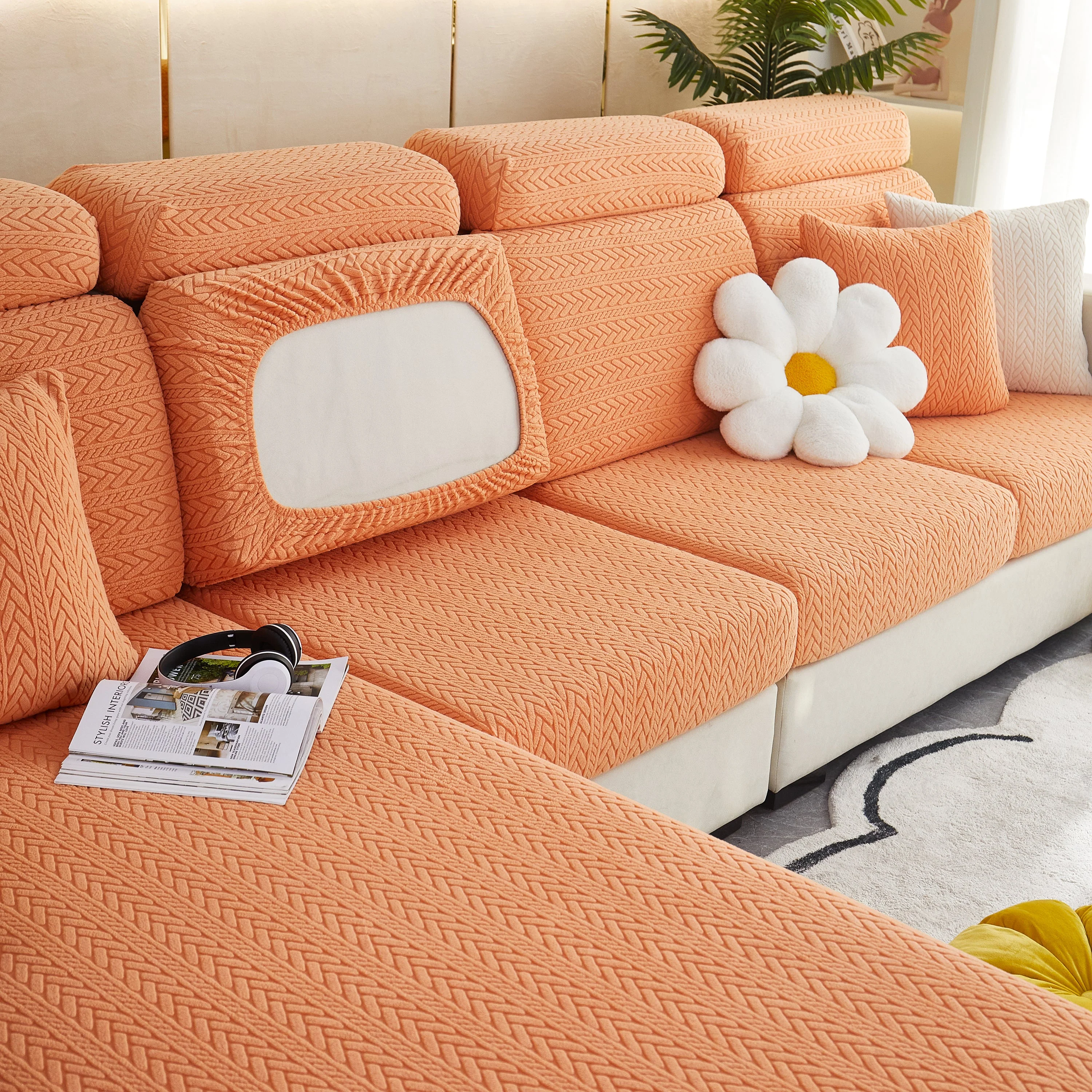 Stretchable Jacquard Polar Fleece Sofa Cover Non-Slip Furniture Protector for Pets L-Shaped Couch Slipcovers - Image 41