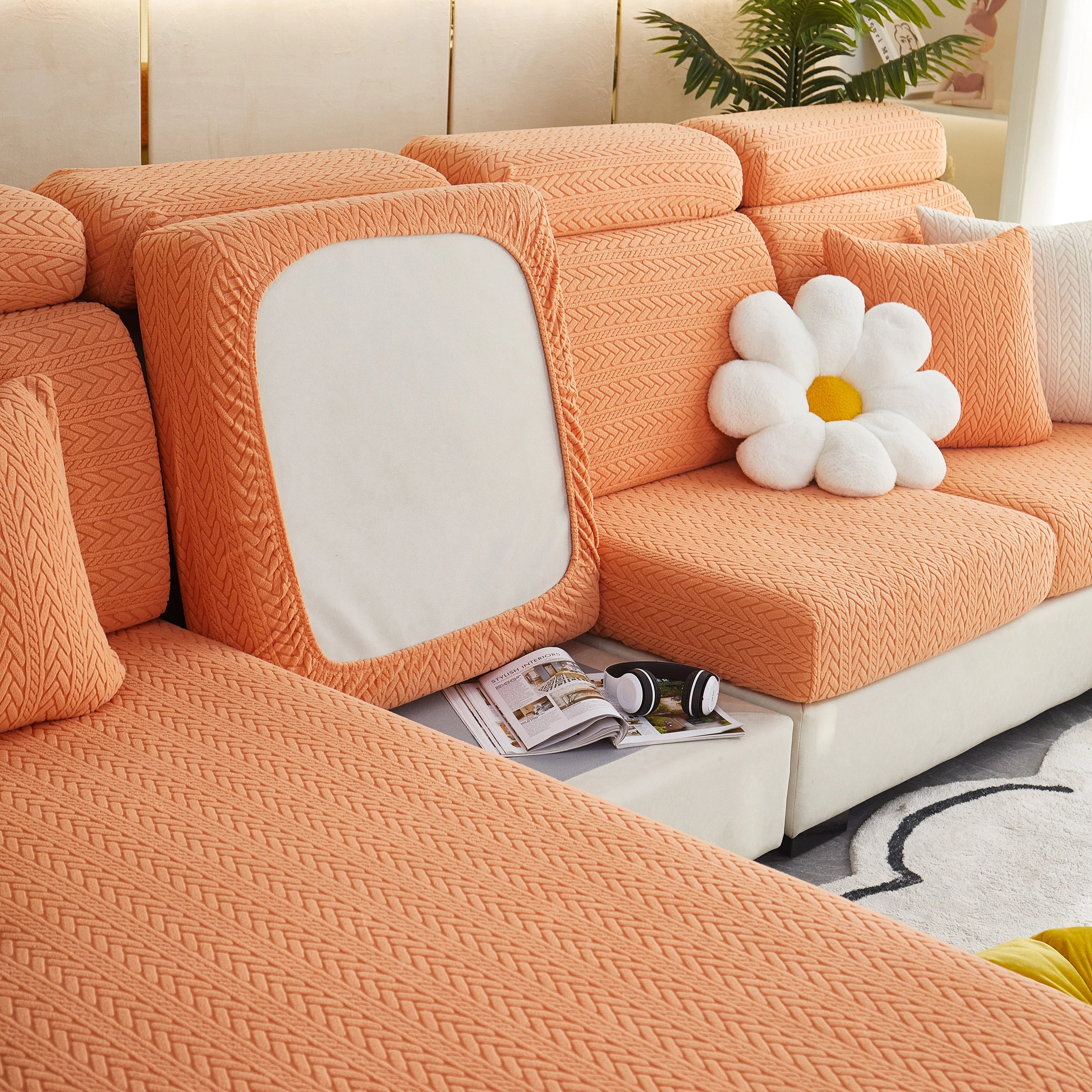 Stretchable Jacquard Polar Fleece Sofa Cover Non-Slip Furniture Protector for Pets L-Shaped Couch Slipcovers - Image 42