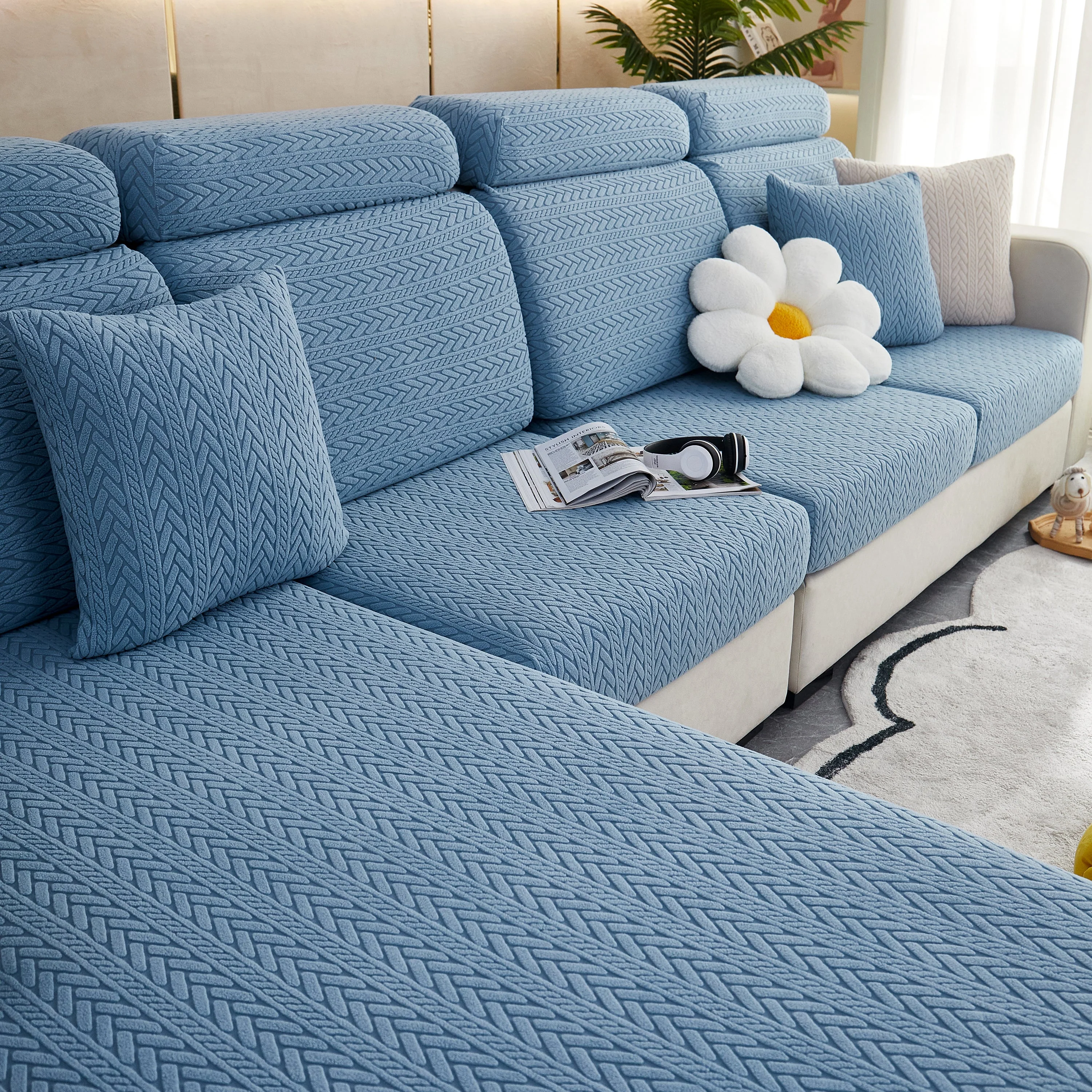 Stretchable Jacquard Polar Fleece Sofa Cover Non-Slip Furniture Protector for Pets L-Shaped Couch Slipcovers - Image 43