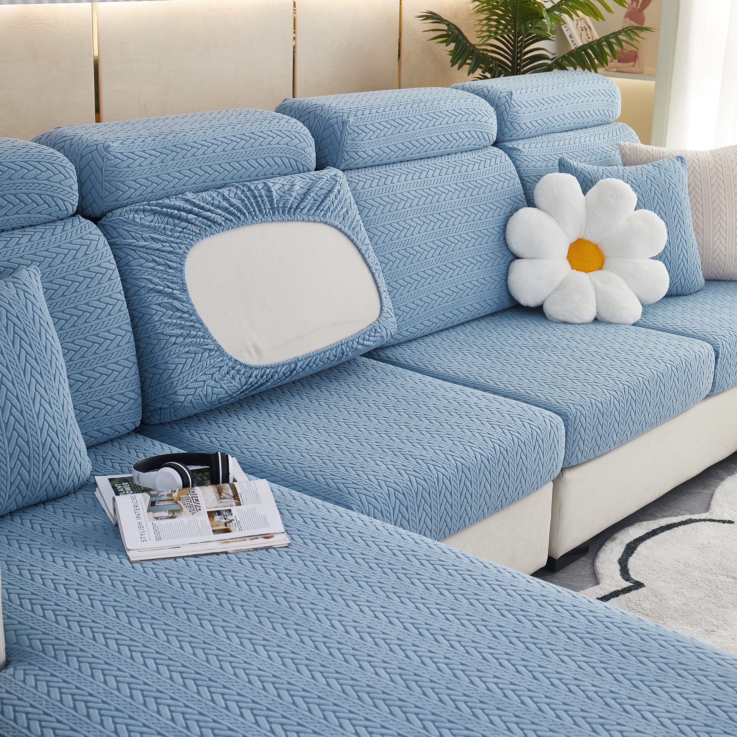 Stretchable Jacquard Polar Fleece Sofa Cover Non-Slip Furniture Protector for Pets L-Shaped Couch Slipcovers - Image 44