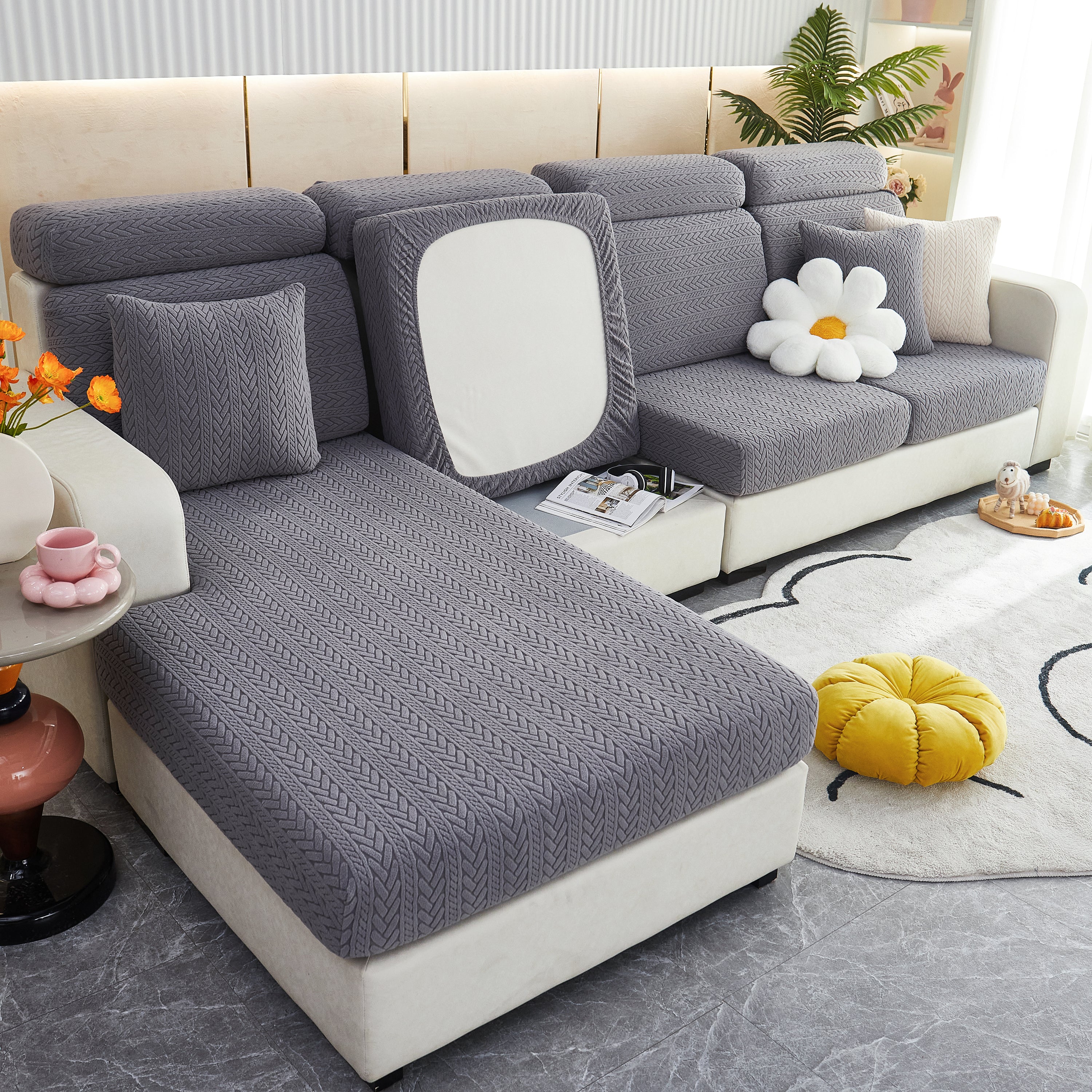 Stretchable Jacquard Polar Fleece Sofa Cover Non-Slip Furniture Protector for Pets L-Shaped Couch Slipcovers - Image 7