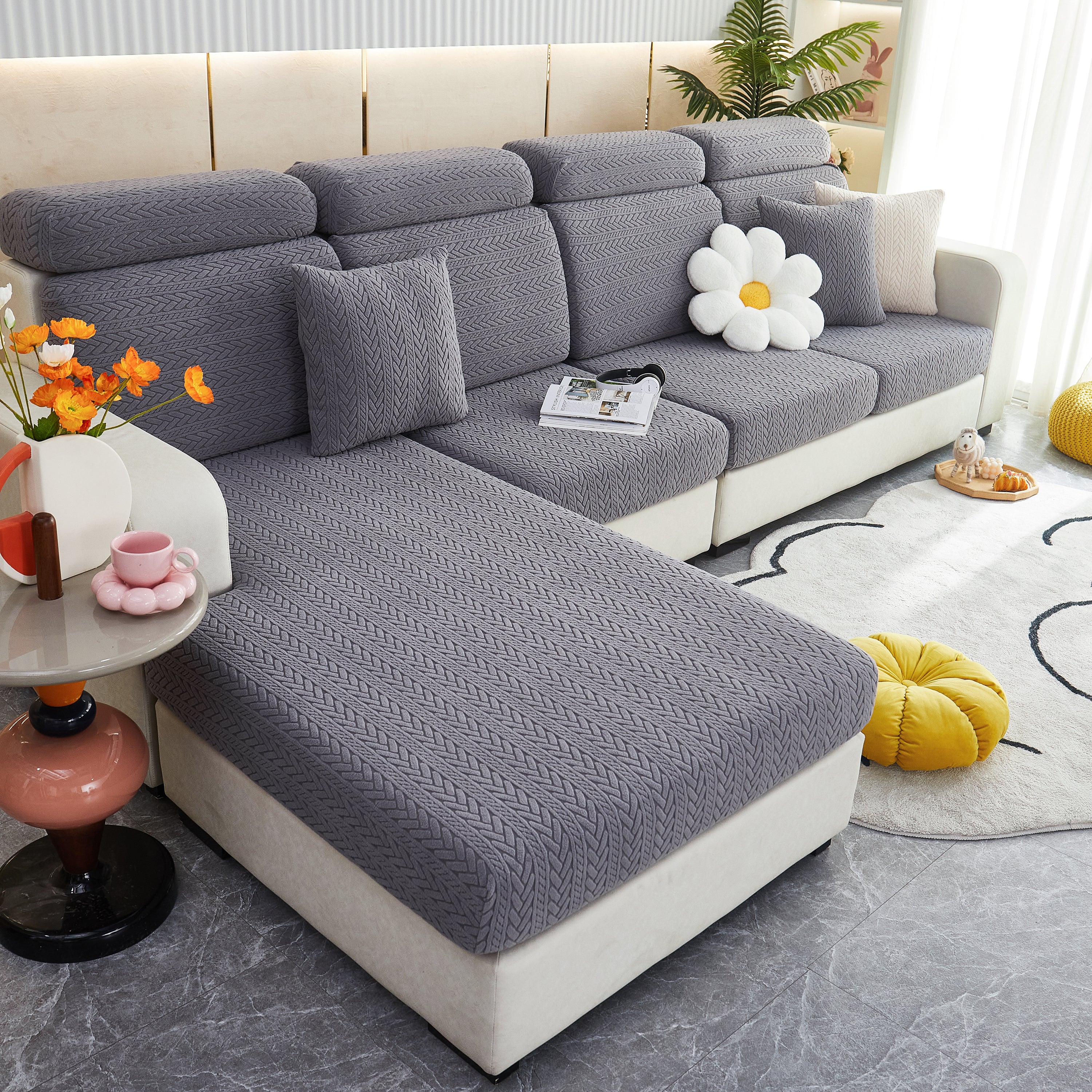 Stretchable Jacquard Polar Fleece Sofa Cover Non-Slip Furniture Protector for Pets L-Shaped Couch Slipcovers - Image 8