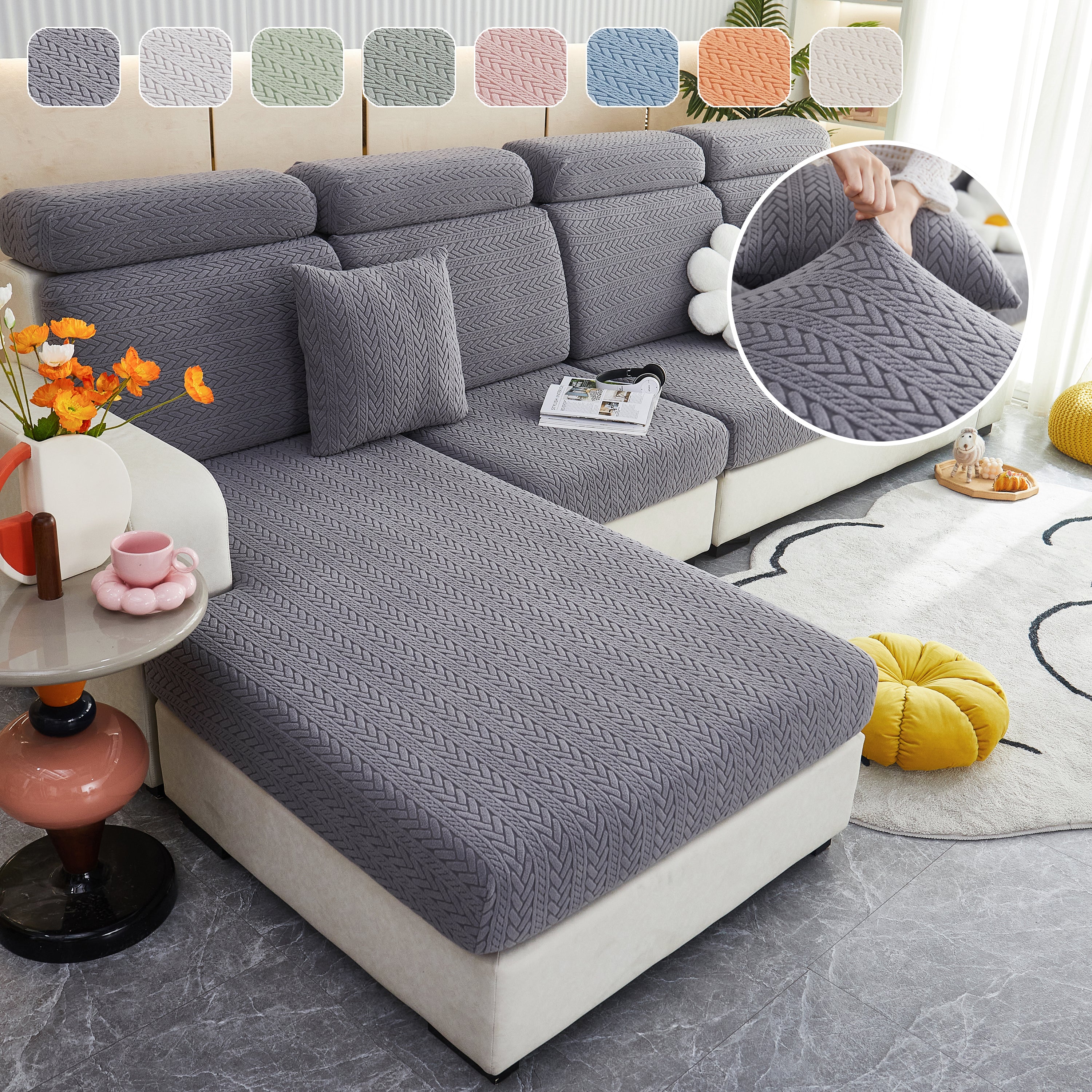Stretchable Jacquard Polar Fleece Sofa Cover Non-Slip Furniture Protector for Pets L-Shaped Couch Slipcovers - Image 9
