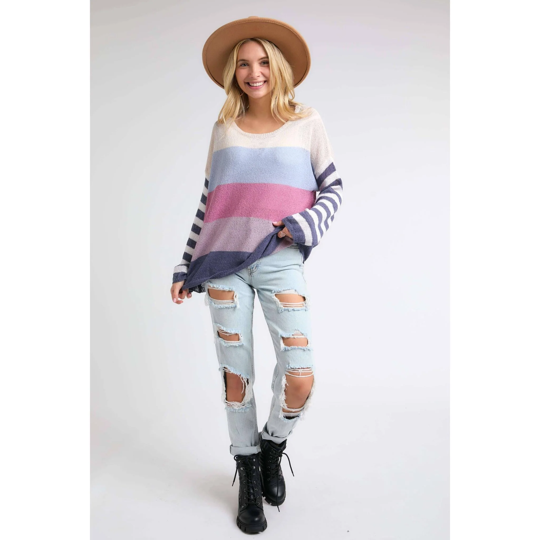 Stripe Comfy Sweater Top in Lavender Multicolor | Round Neck Knit Sweater [Sizes SM-L] - Image 2