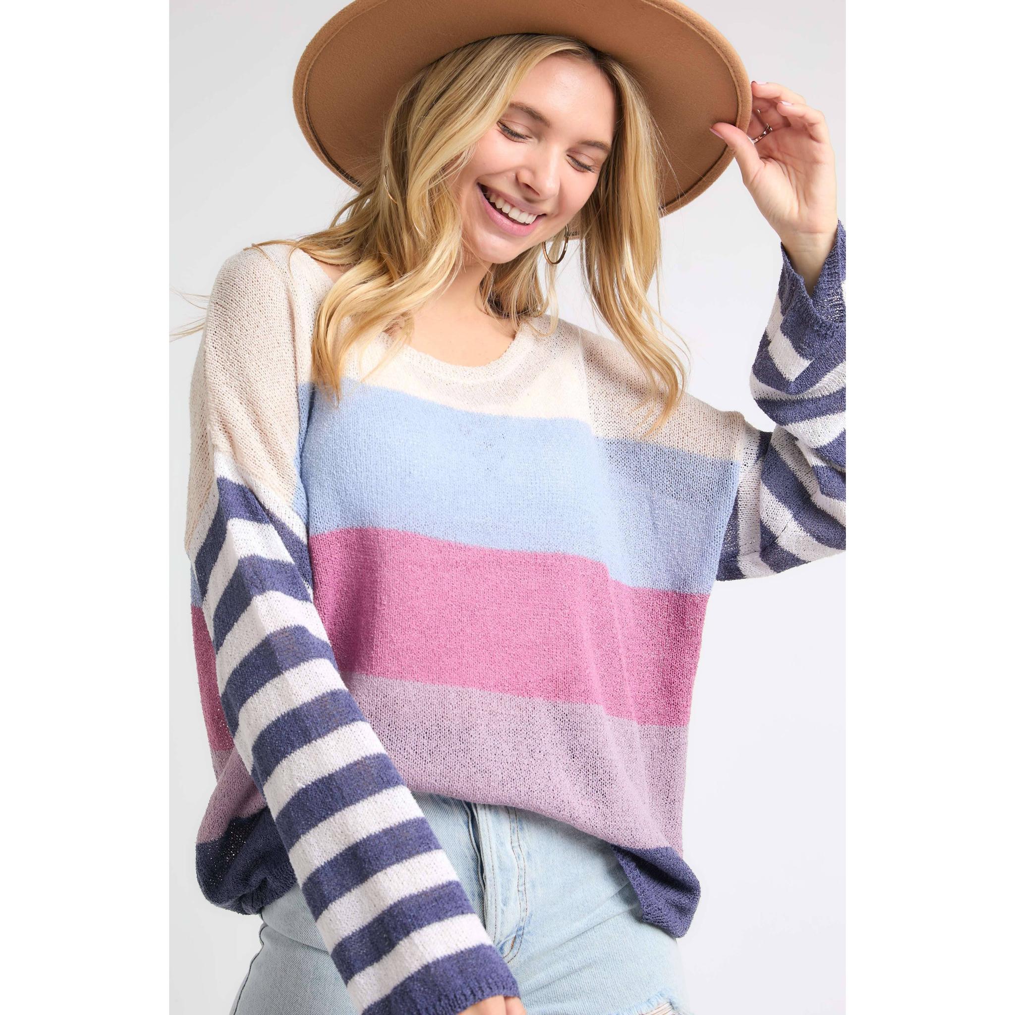 Stripe Comfy Sweater Top in Lavender Multicolor | Round Neck Knit Sweater [Sizes SM-L] - Image 3