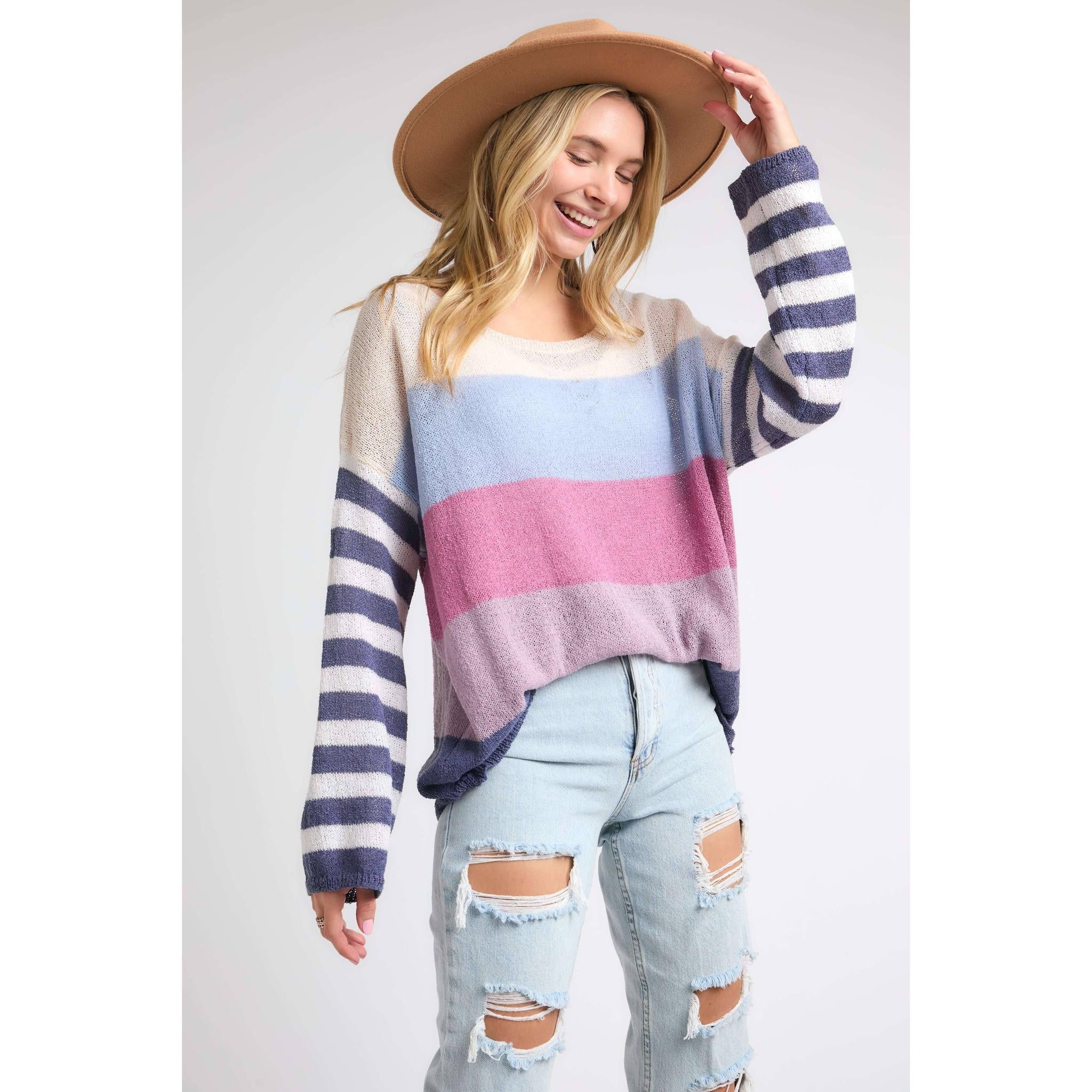 Stripe Comfy Sweater Top in Lavender Multicolor | Round Neck Knit Sweater [Sizes SM-L] - Image 4