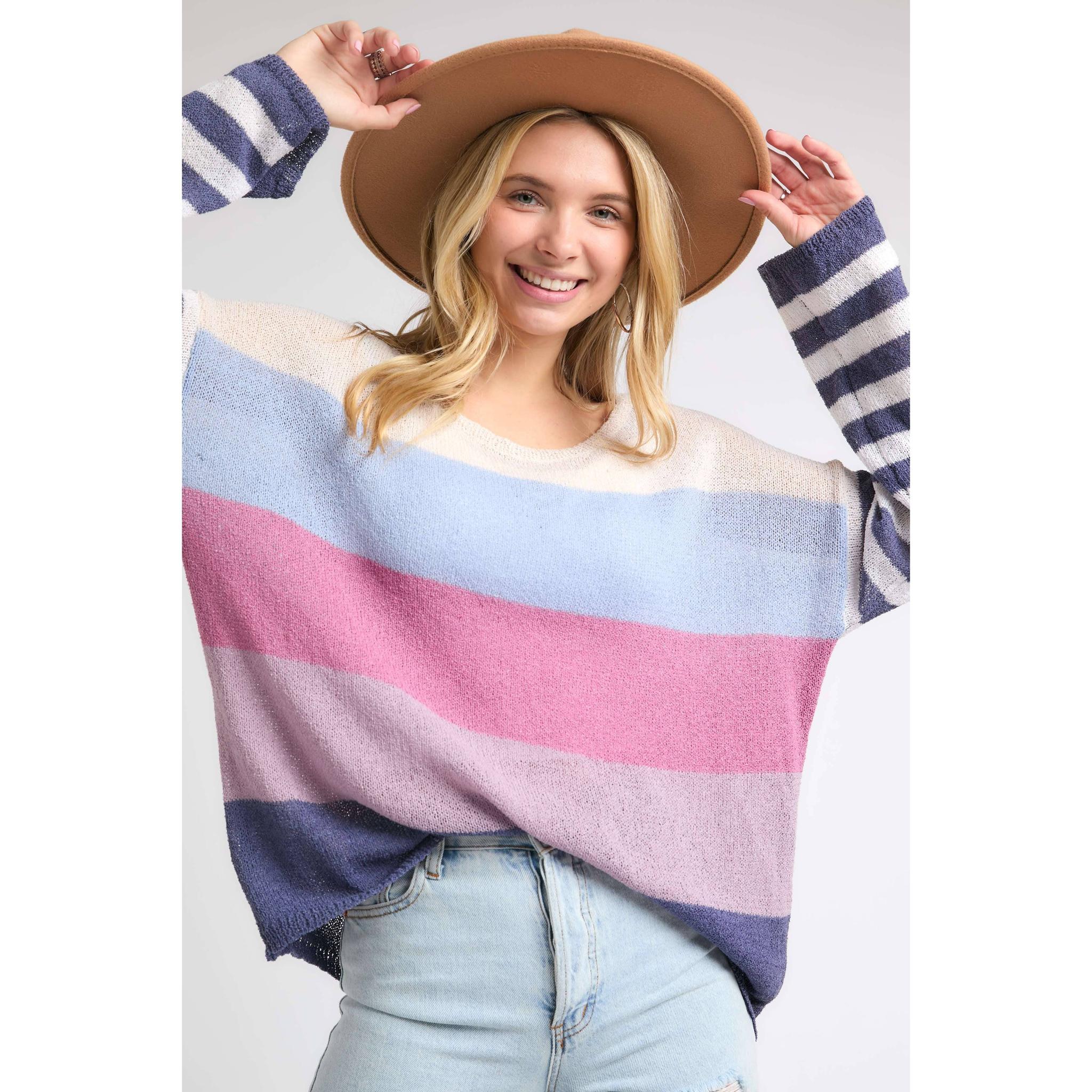 Stripe Comfy Sweater Top in Lavender Multicolor | Round Neck Knit Sweater [Sizes SM-L] - Image 5