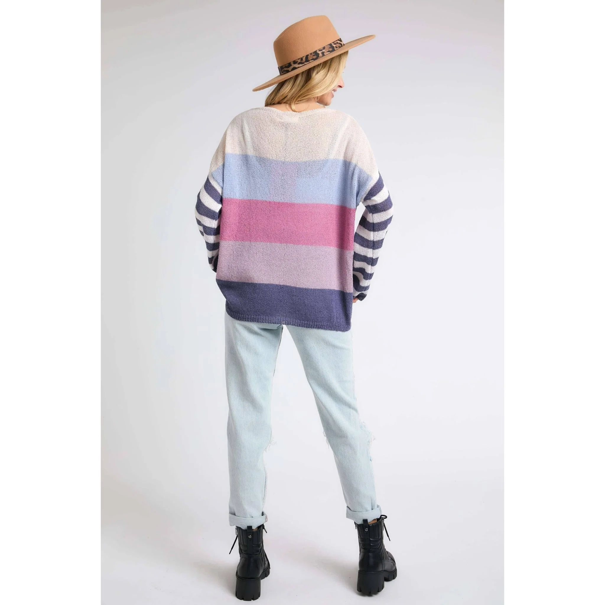 Stripe Comfy Sweater Top in Lavender Multicolor | Round Neck Knit Sweater [Sizes SM-L] - Image 6