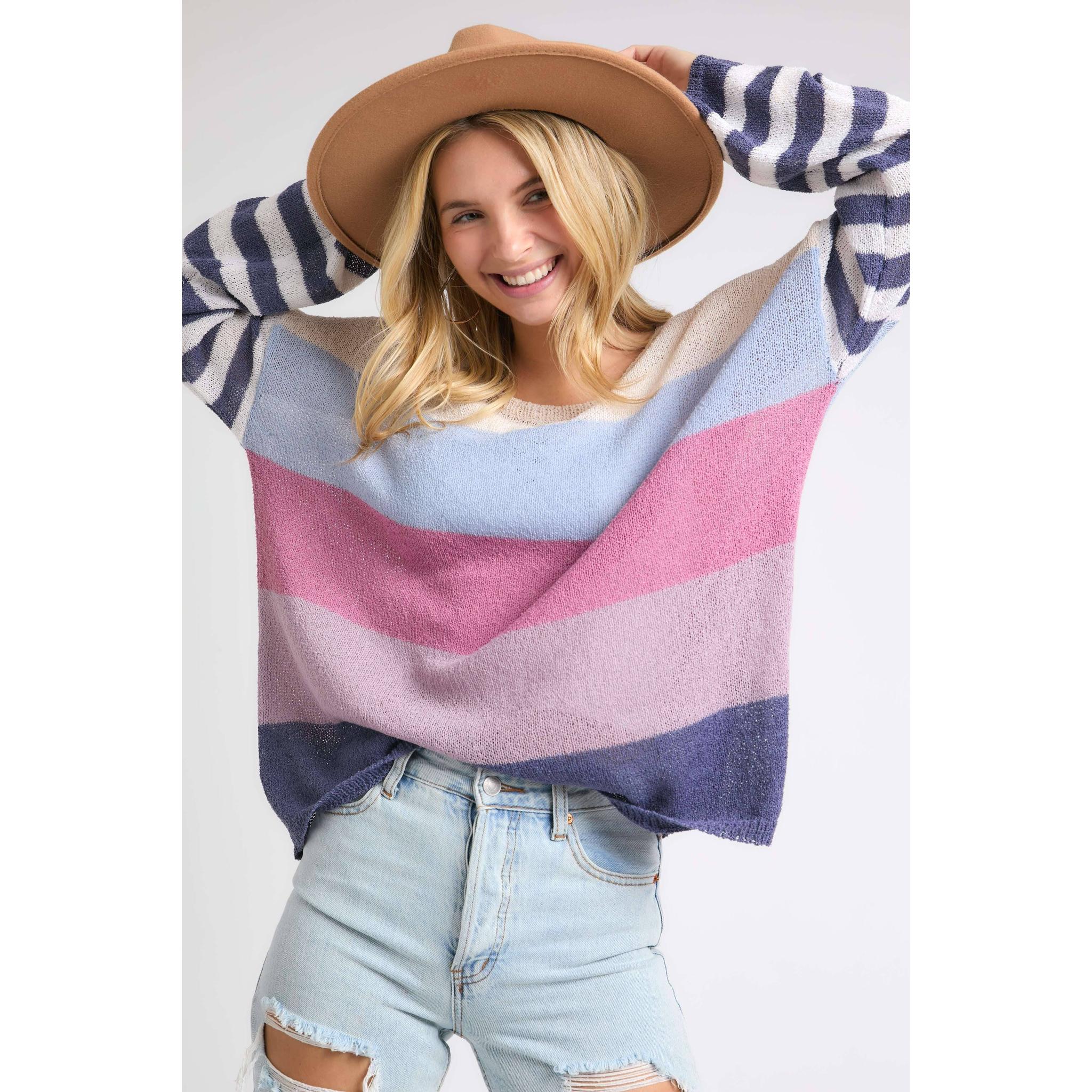 Stripe Comfy Sweater Top in Lavender Multicolor | Round Neck Knit Sweater [Sizes SM-L] - Image 7