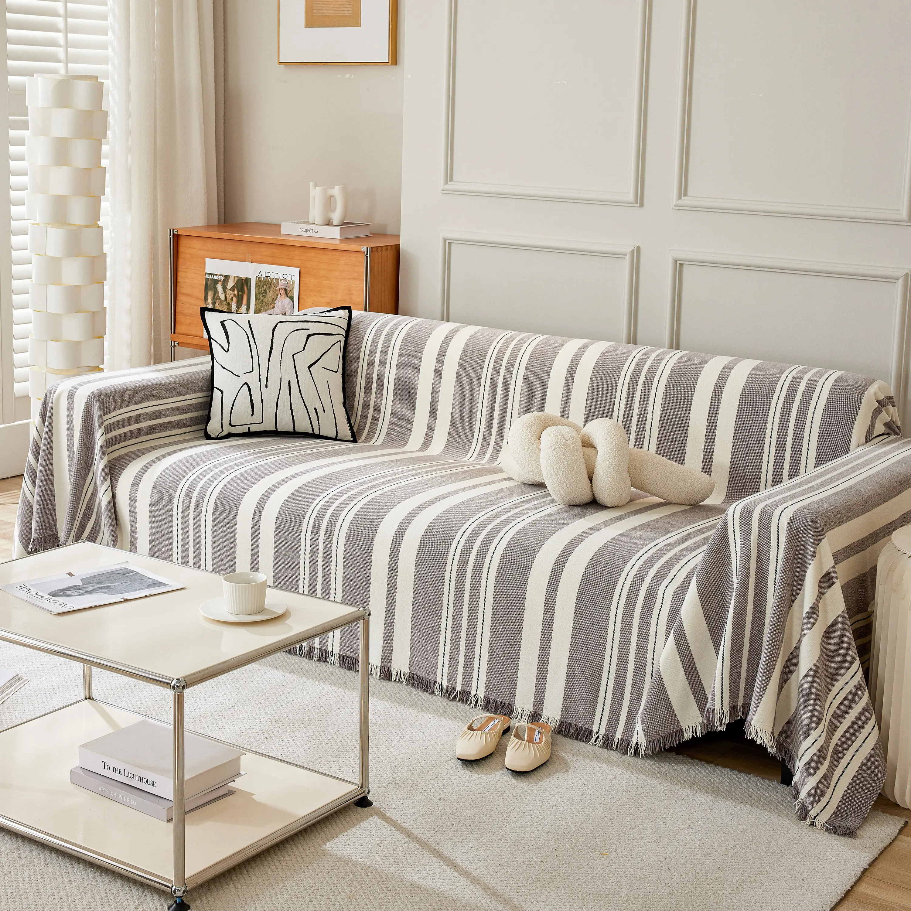 Striped Chenille Sofa Slipcover Throw, Soft Thick Washable Couch Cover Blanket - Image 107