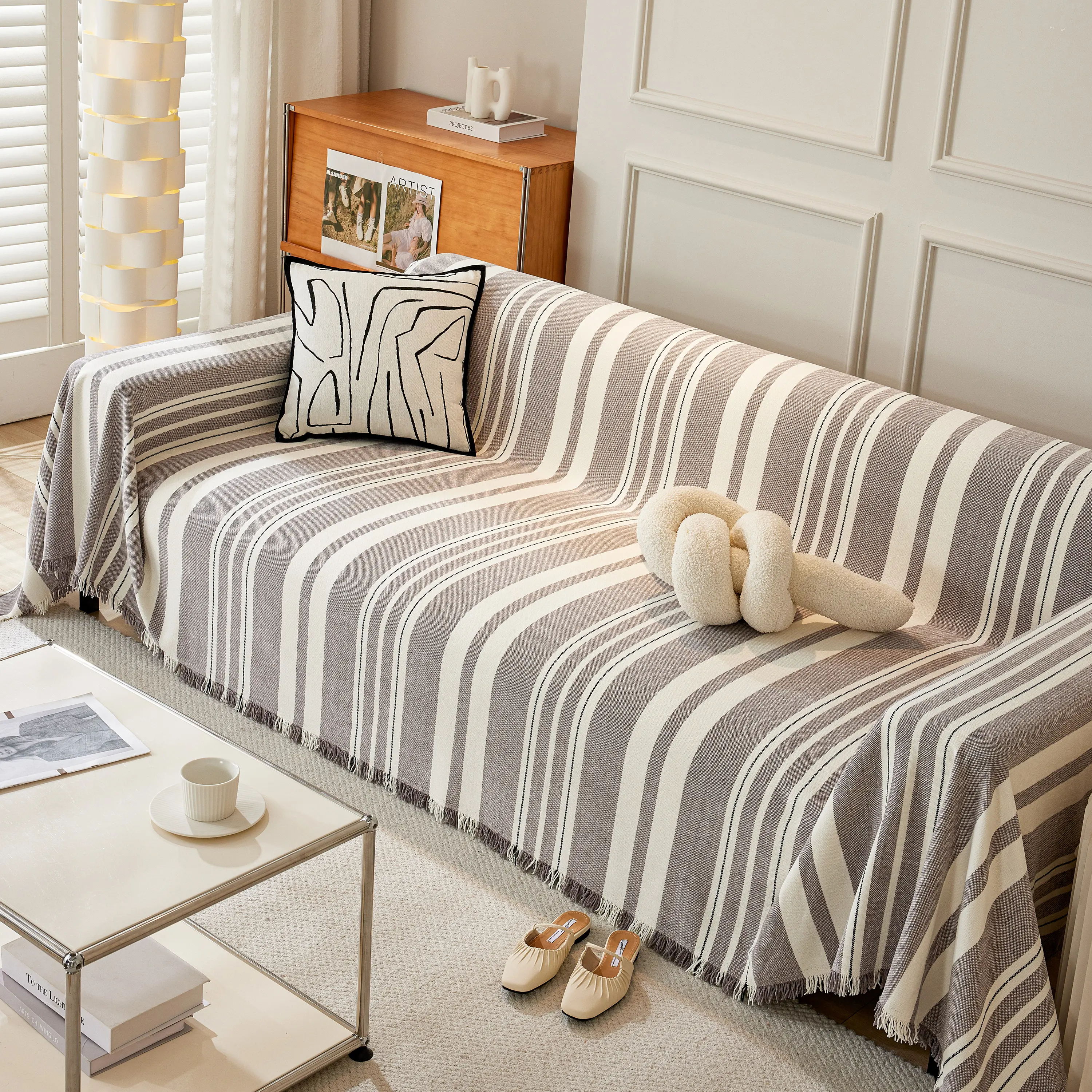 Striped Chenille Sofa Slipcover Throw, Soft Thick Washable Couch Cover Blanket - Image 108