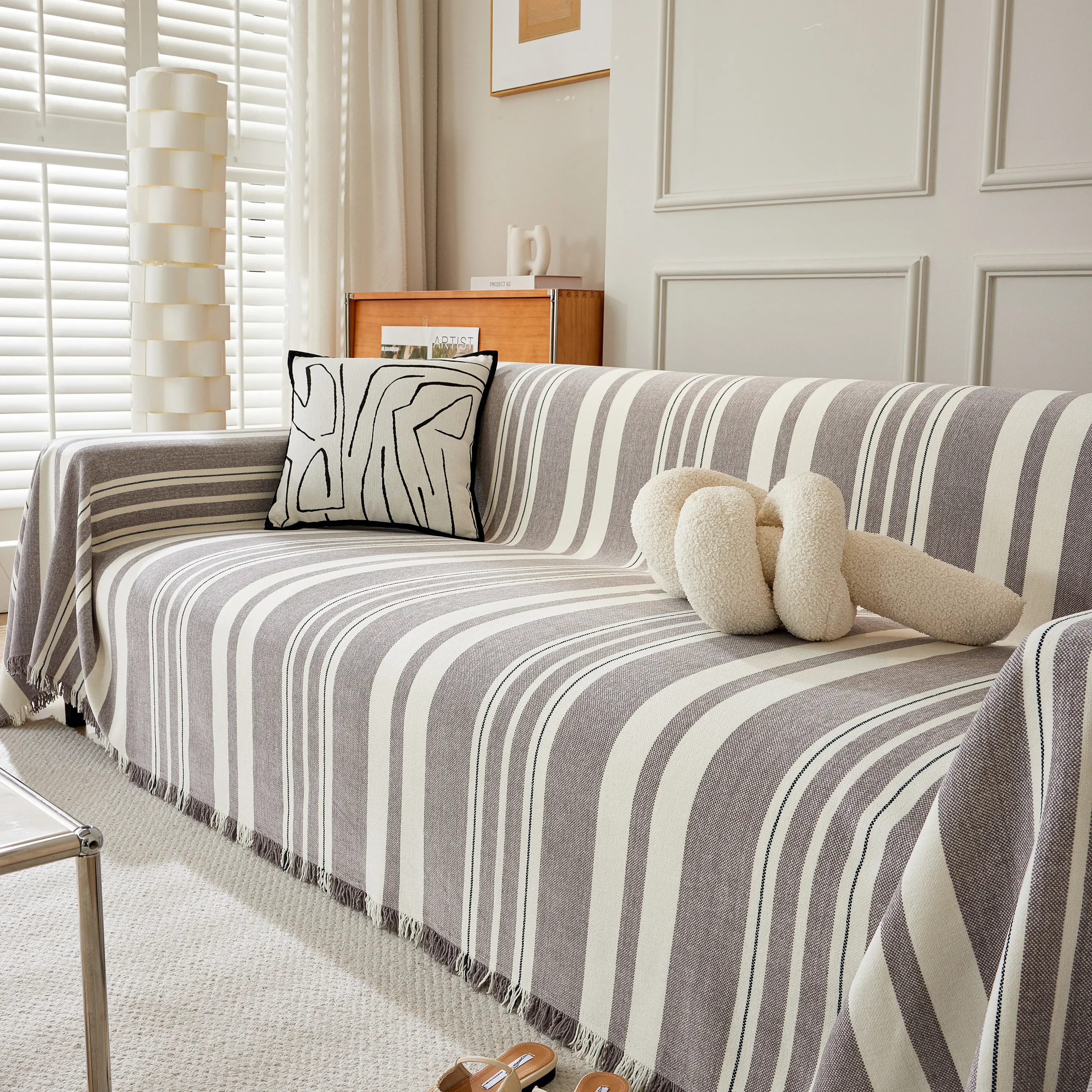 Striped Chenille Sofa Slipcover Throw, Soft Thick Washable Couch Cover Blanket - Image 109