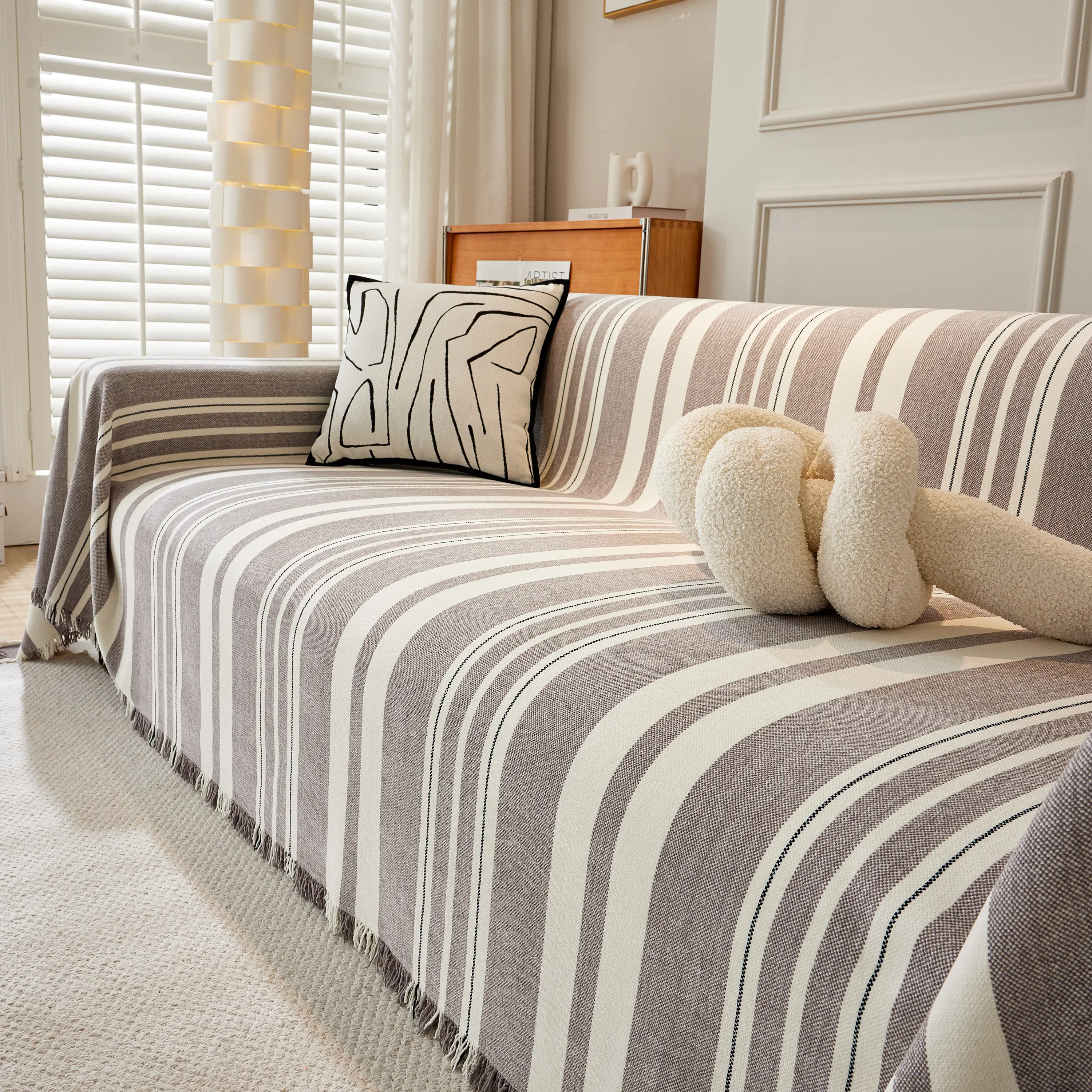 Striped Chenille Sofa Slipcover Throw, Soft Thick Washable Couch Cover Blanket - Image 110