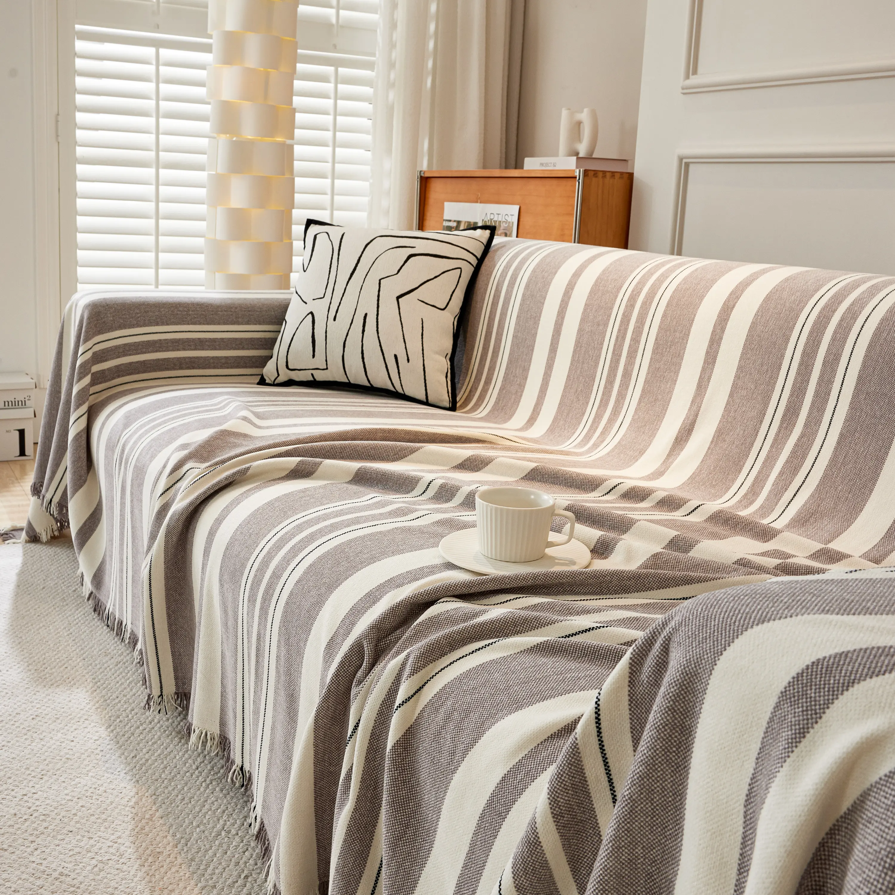 Striped Chenille Sofa Slipcover Throw, Soft Thick Washable Couch Cover Blanket - Image 114