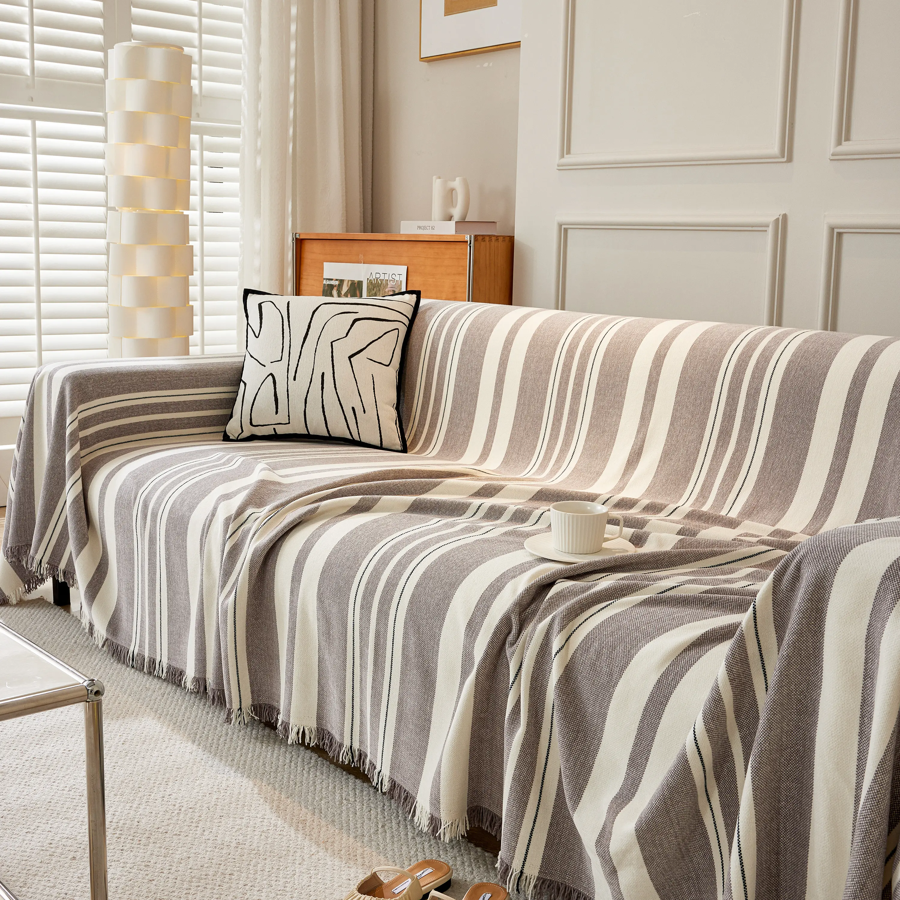 Striped Chenille Sofa Slipcover Throw, Soft Thick Washable Couch Cover Blanket - Image 115