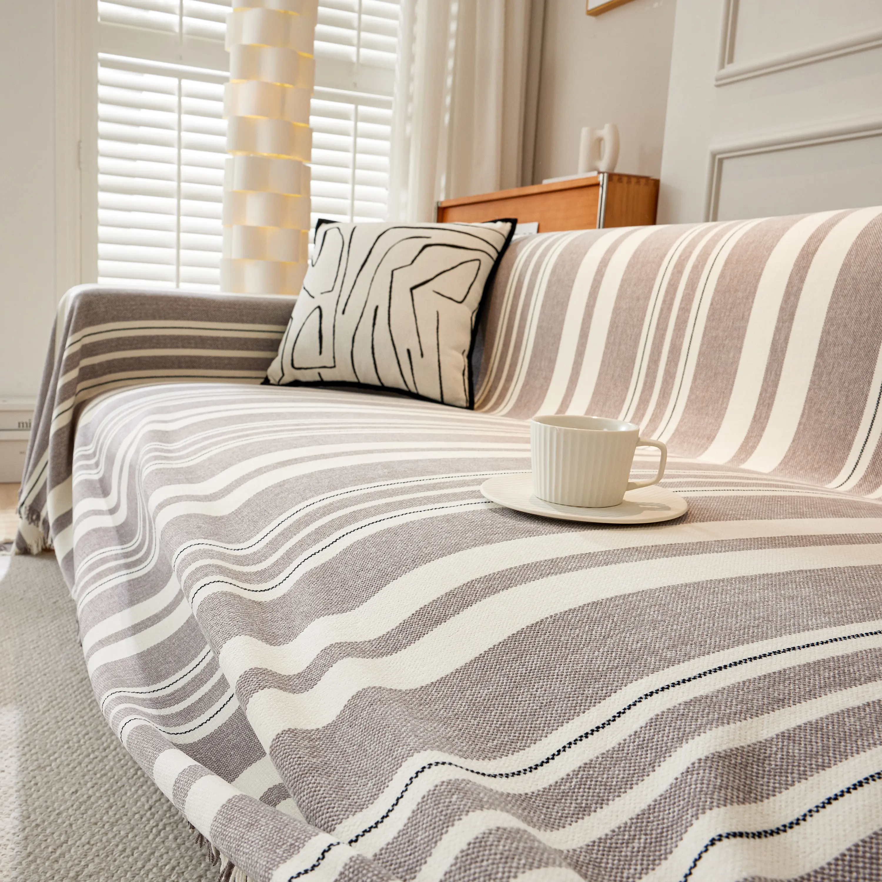 Striped Chenille Sofa Slipcover Throw, Soft Thick Washable Couch Cover Blanket - Image 116