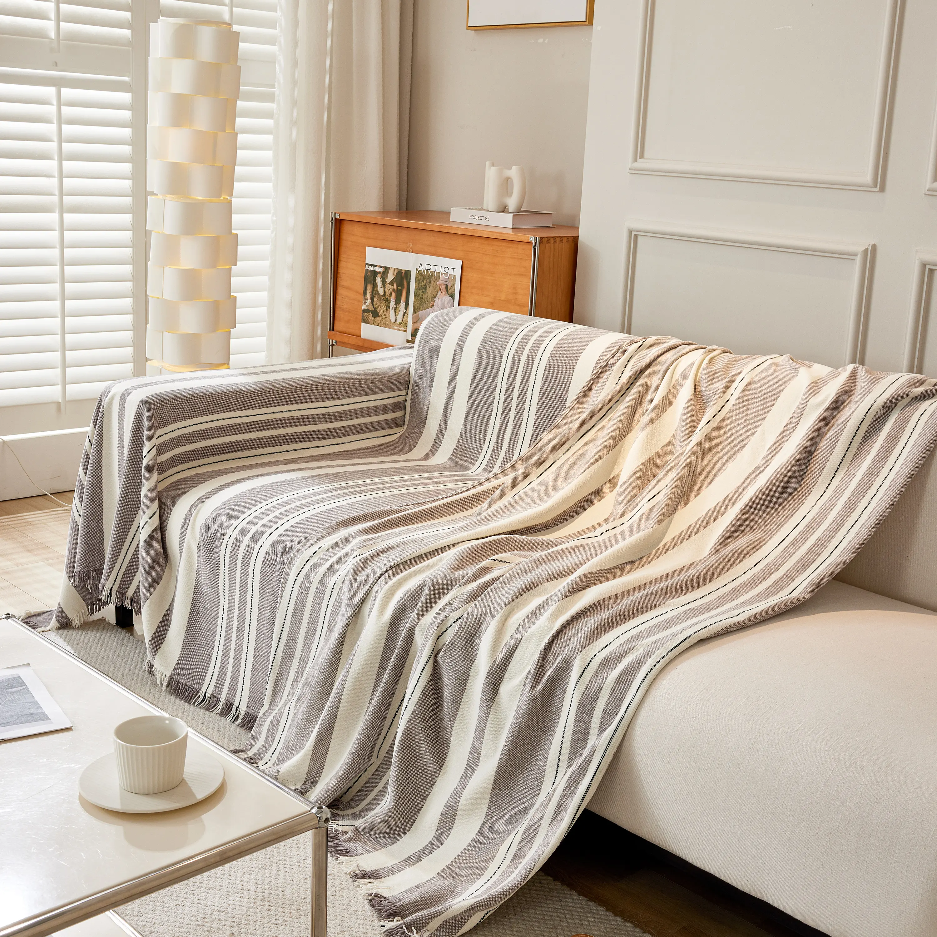 Striped Chenille Sofa Slipcover Throw, Soft Thick Washable Couch Cover Blanket - Image 117