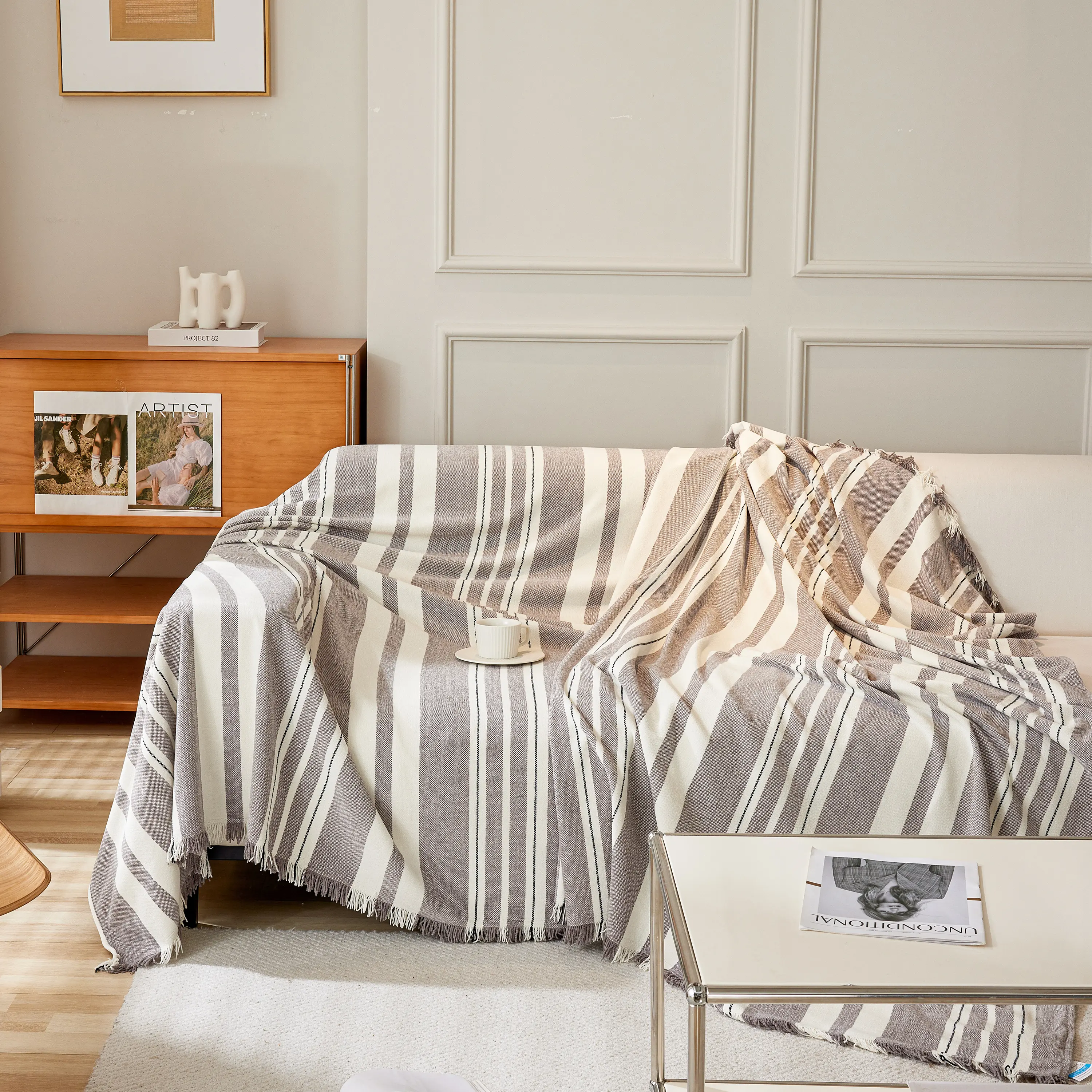 Striped Chenille Sofa Slipcover Throw, Soft Thick Washable Couch Cover Blanket - Image 118